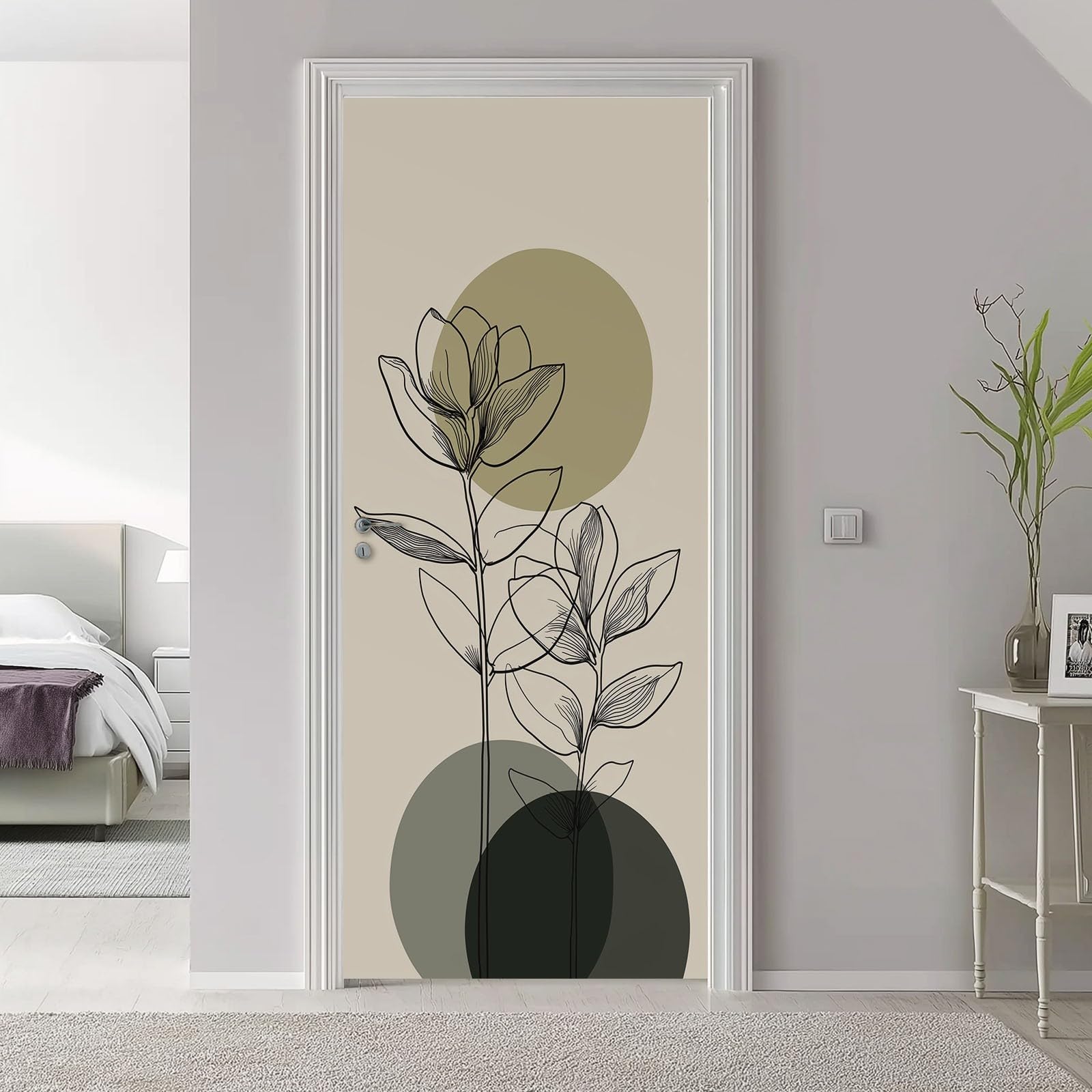 PVC Adhesivo Fotográfico Pegatina 95x215 cm Vinilos Decorativos para Puerta Pared Cocina Sala de Baño Plantas Abstractas Círculos, Verde Claro