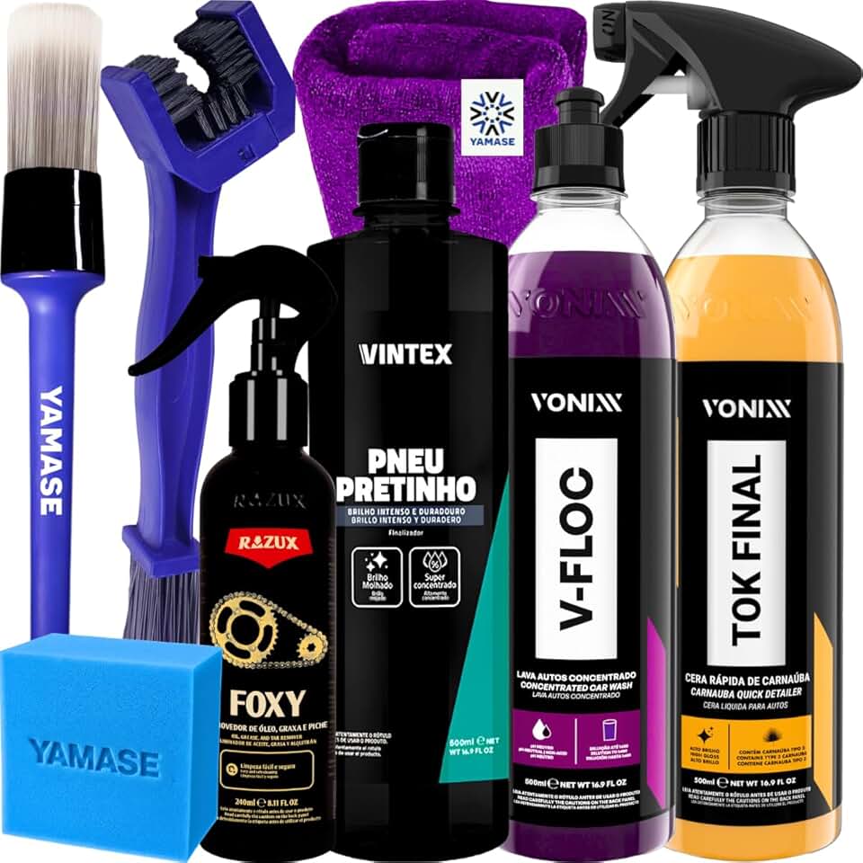 Kit Produto para Lavar Moto Cera Shampoo Desengraxante Pretinho Limpador de Corrente Vonixx Foxy Razux V-Floc Cera Tok Final Shampoo V-Floc Acessórios