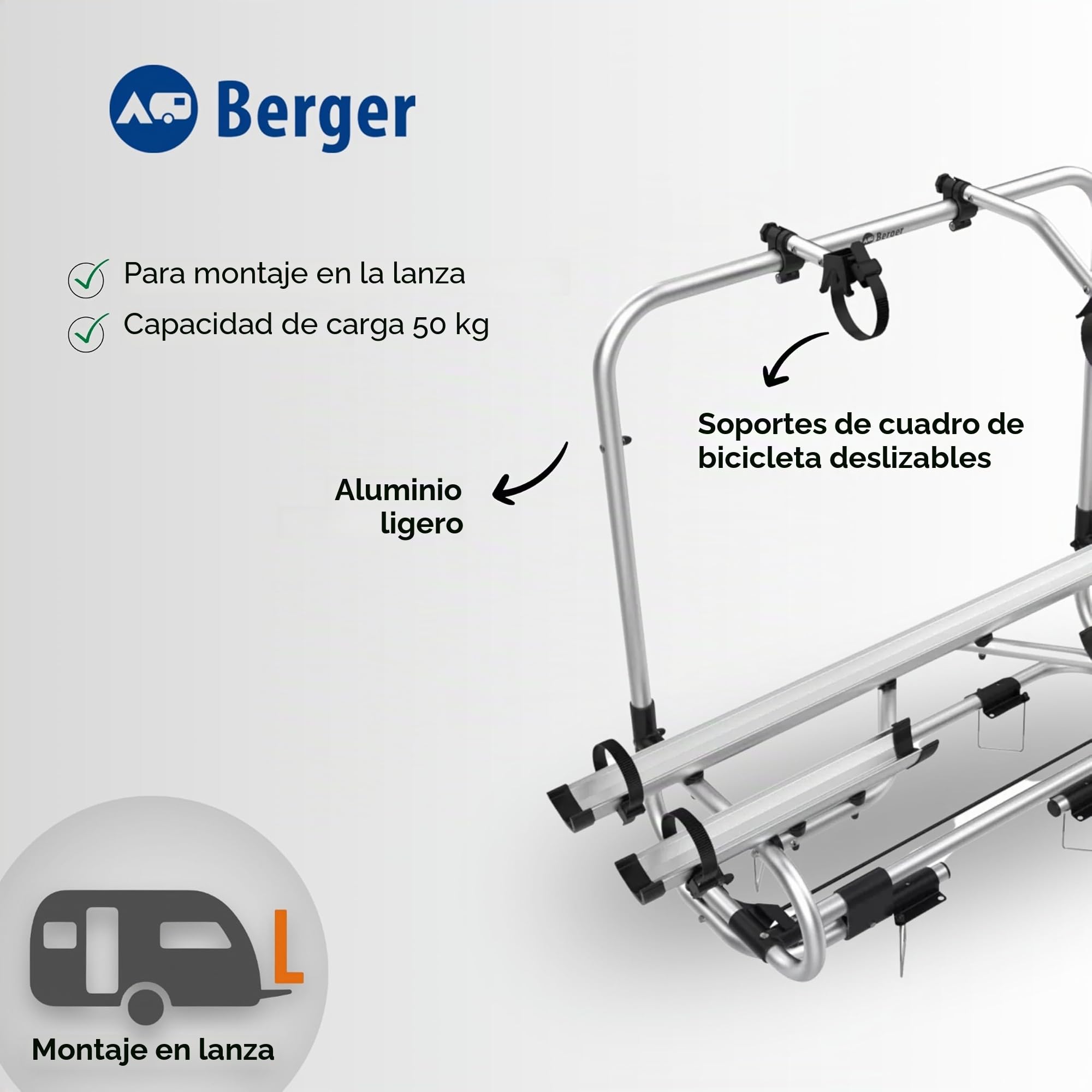 BERGER Portabicicletas para caravanas | Portabicicletas Premium 2XL para 2 bicicletas de hasta 50 kg de capacidad de carga | completamente plegable para facilitar el acceso a las aberturas de la