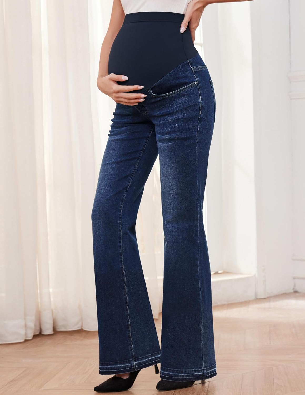 GLAMIX Women's Stretch Maternity Bootcut Jeans with Pockets Over The Belly Bell Bottoms Flare Denim Pants Pregnancy Clothes - Image 3
