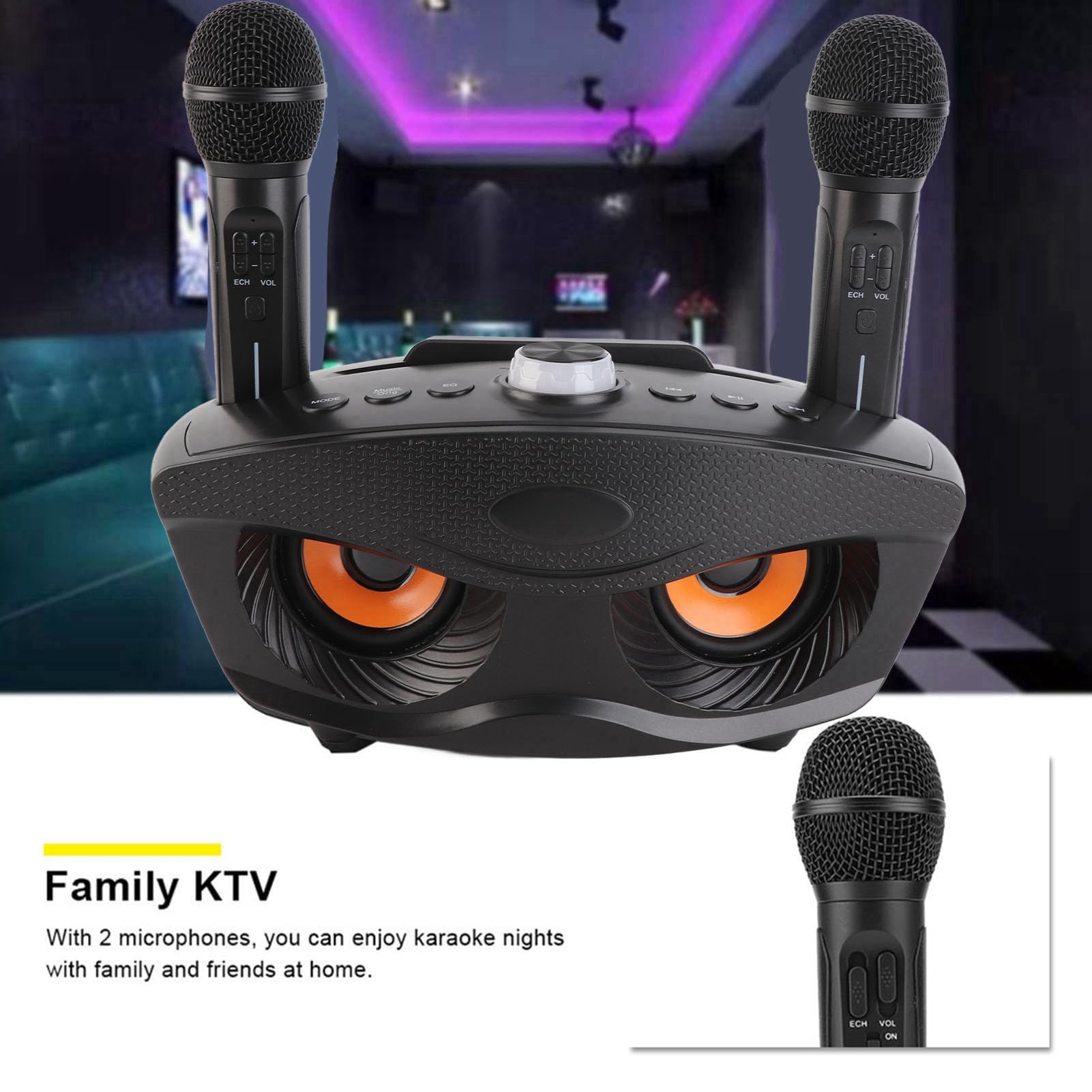 Altavoz Portátil para Karaoke en Casa con Micrófonos Duales, Entrada Auxiliar para Dispositivos Externos, Ideal Reuniones Familiares y Fiestas (Negro)