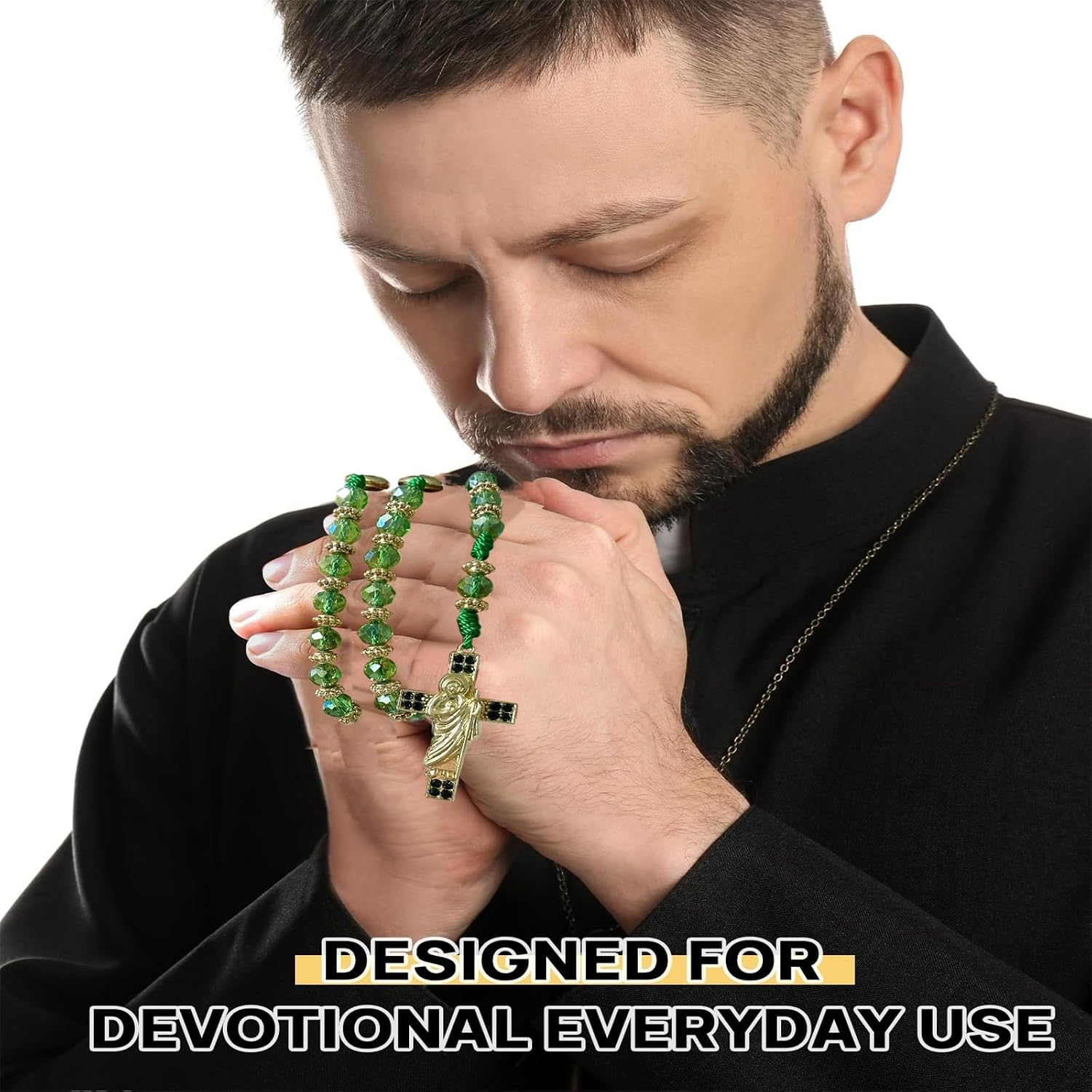 Exquisite Rosary Saint Jude Cross Pendant Mexican Necklace - Braided Cord Green Crystal beads Chain, Charm Accessories for Men and Women, Catholic St Jude Elegant Religious Jewelry Gift Idea