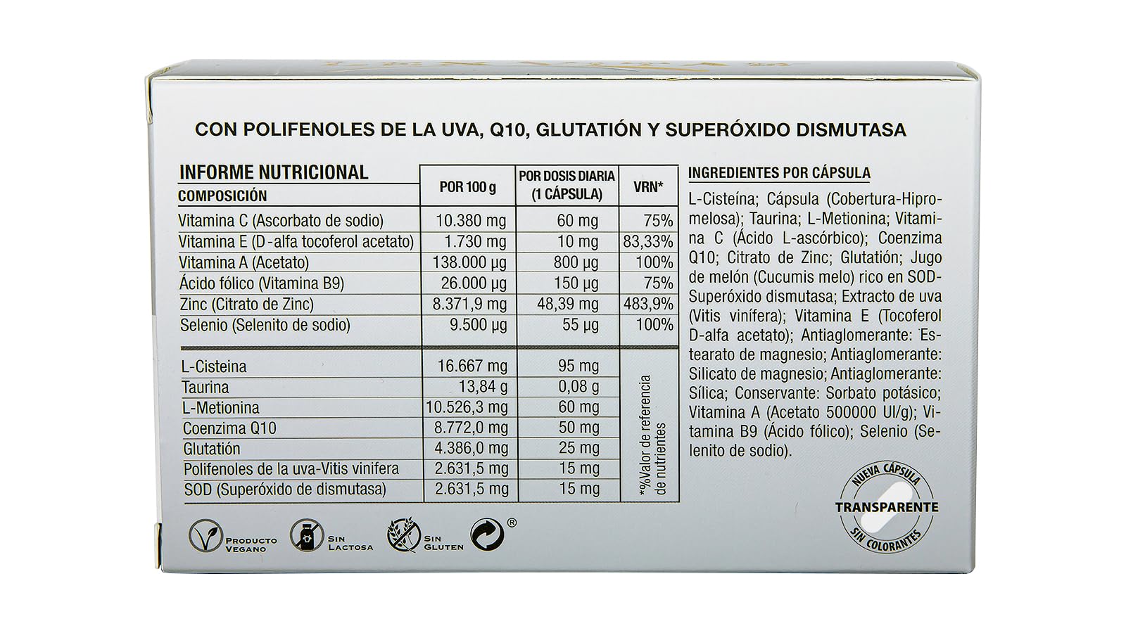Lex Vitae® 60 Cápsulas - Potente combinación de Resveratrol, Q10, Ácido Fólico, Glutatión, Selenio, Zinc, SOD, Cisteína, Metionina y Vitaminas A, C y E - Narval Pharma