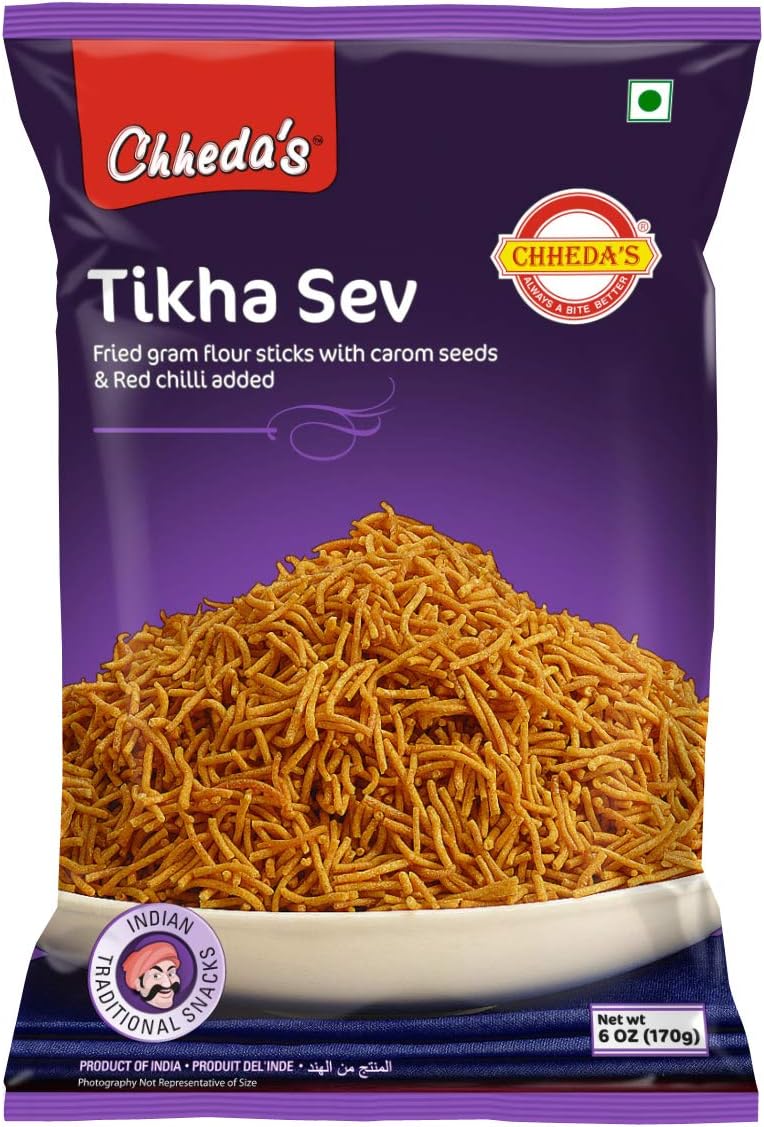 – Chheda's Tikha Sev 170g | Authentic Crispy Crunchy Extra Spicy Indian Namkeen | Traditional Chickpea Flour Snack | Perfect with Poha, Chaat, Yogurt & Salads | 100% Vegetarian No Artificial Flavour