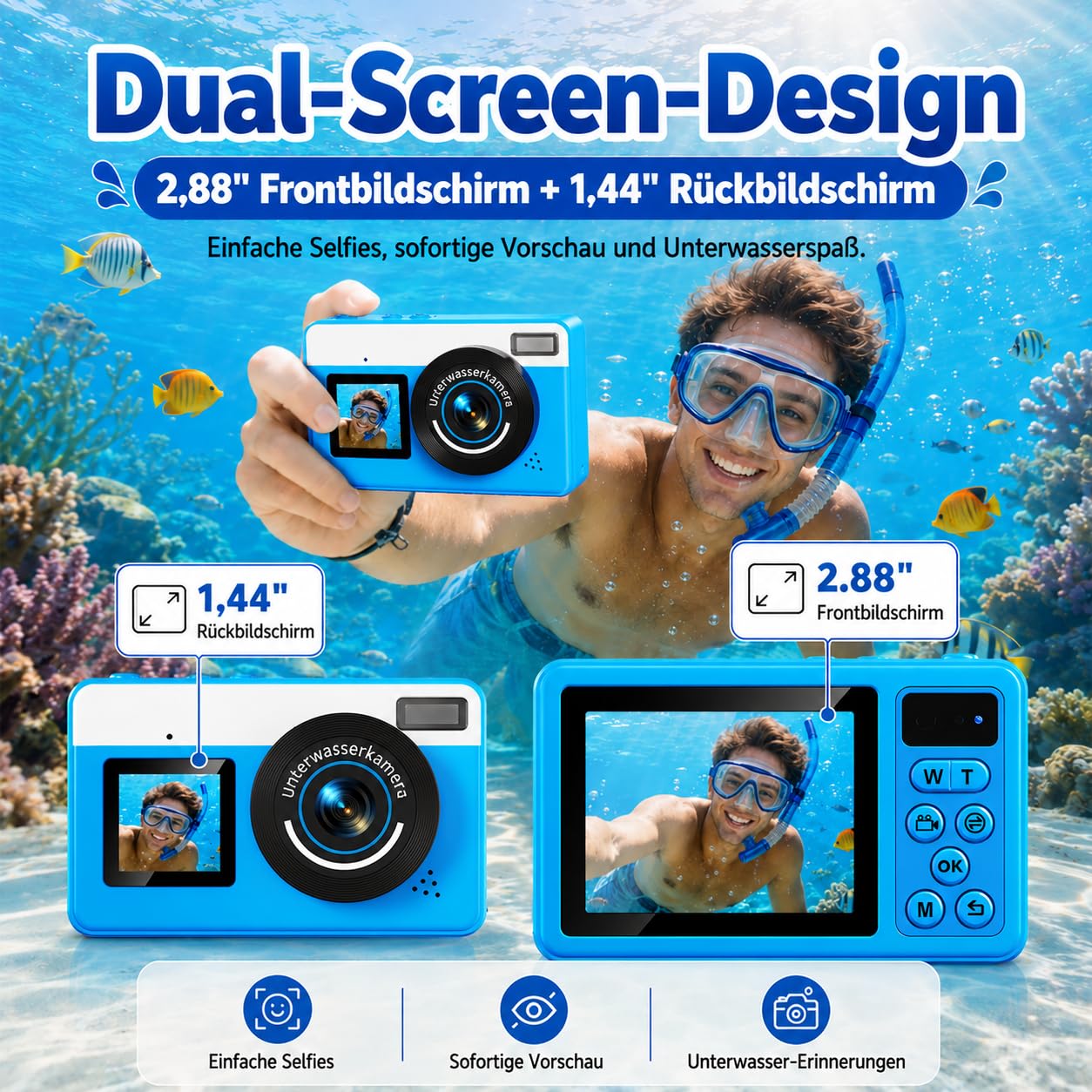 Maxmango D70 4K Unterwasserkamera,48MP 10FT Wasserdicht für Schnorcheln,Dual Screen Selfie Autofokus Digitalkamera with 16GB Karte für Jungen und Mädchen Schnorcheln Schwimmen