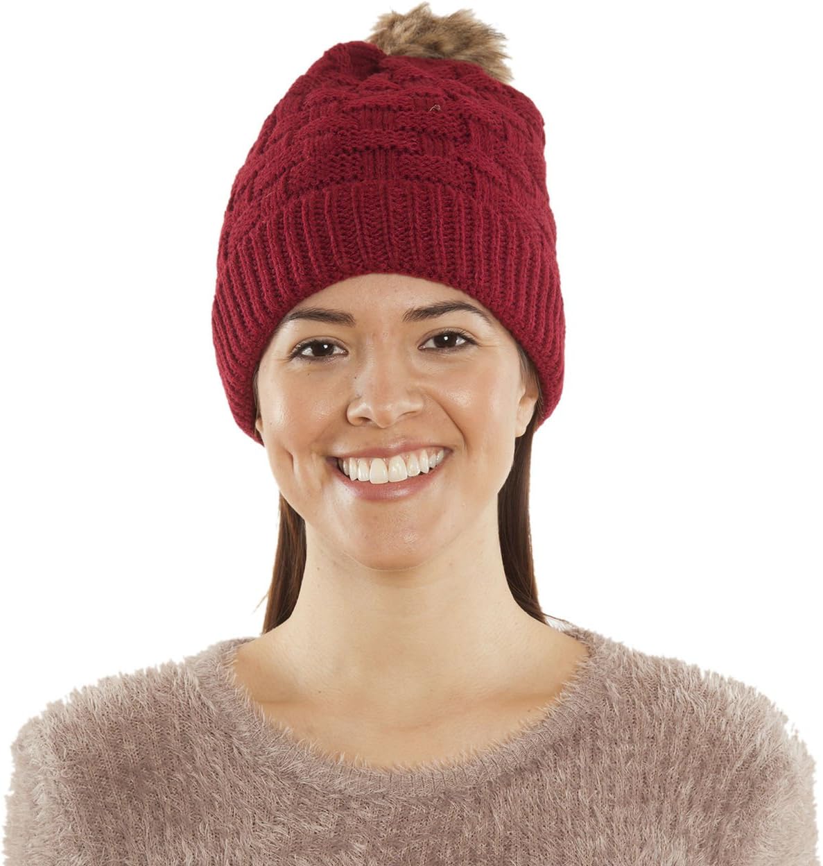 Samshine Winter Winding Wave Cable Knit Beanie Hat with Fur Lining and Pom Pom (Red)