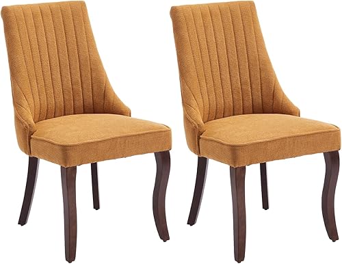 Miniatura 17 de Juego de 6 sillas de comedor, sillas de comedor de cocina con canales de lino con patas curvadas de madera maciza, silla de comedor tapizada de tela