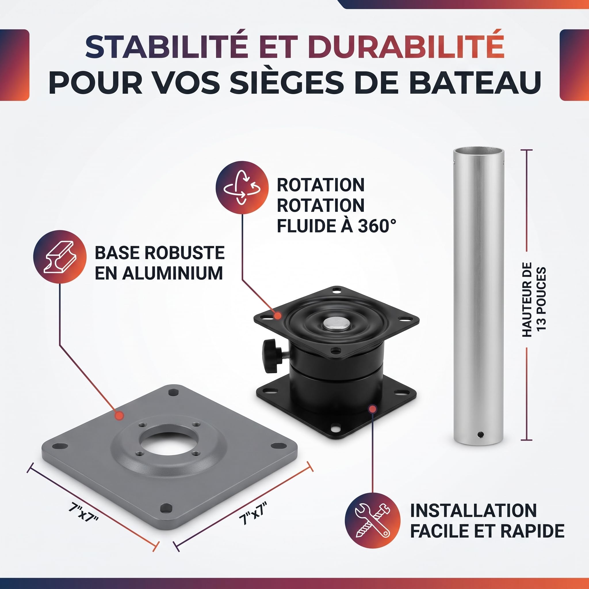 Tbest Kit de Montage de Siège sur Pied de Bateau en Alliage D'aluminium Robuste, Plaque de Base Marine de 7x7 Pouces avec Prise de Poteau à 3/4 Broches, 13 de Haut pour Bateaux