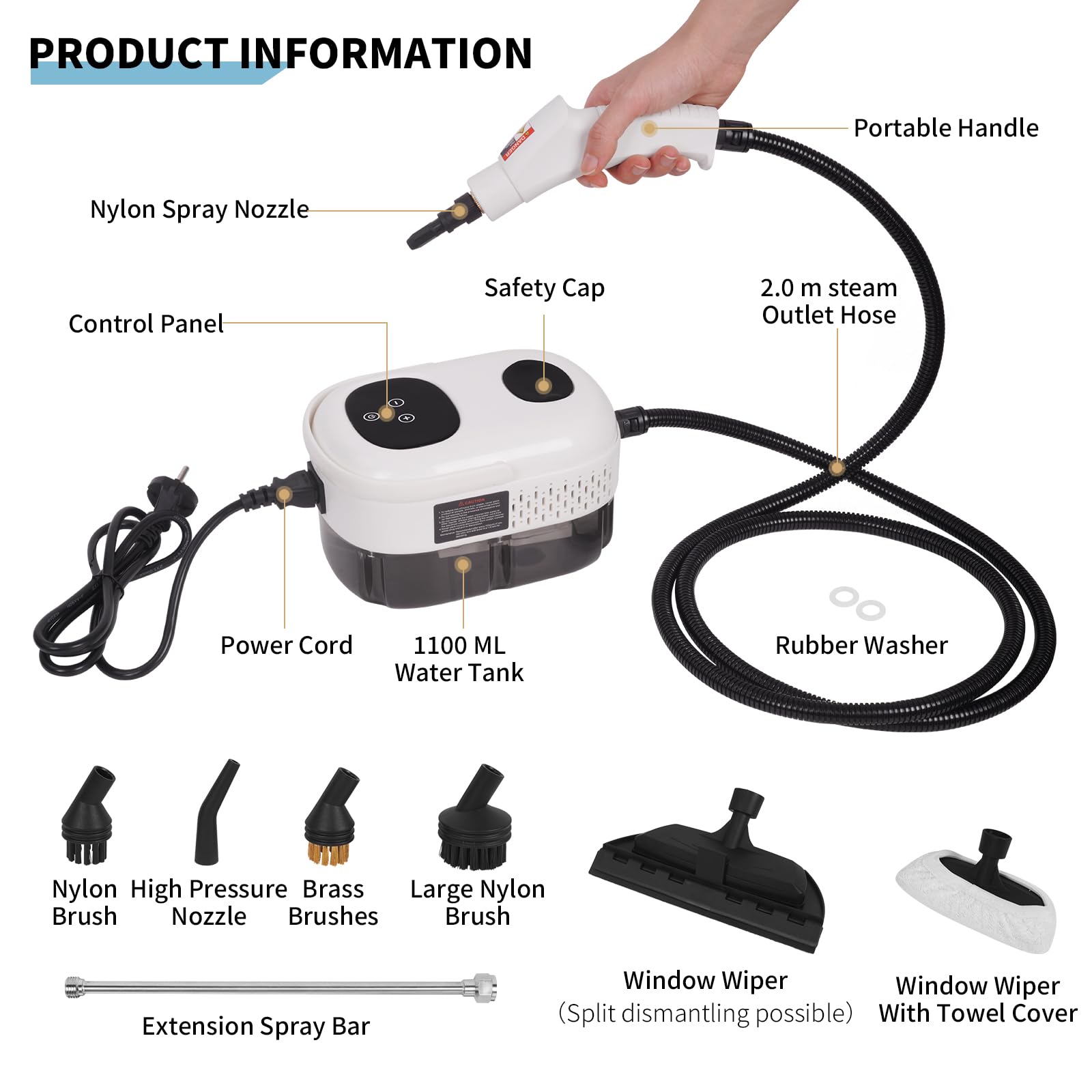 Vaporeta Limpieza Hogar 2500W, Limpiador a Vapor 1100ML, Temperatura 6 Velocidades Ajustables 5 Accesorios para Muebles de Cocina Baño Coche