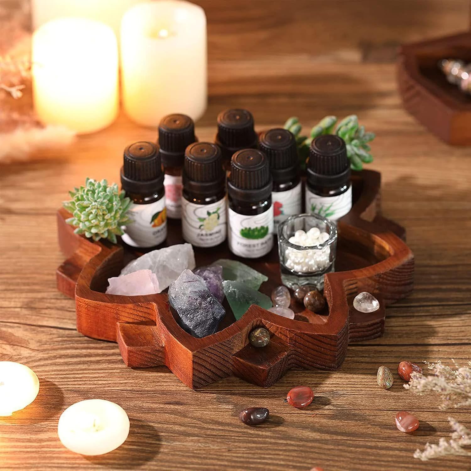 1 PC Lotus Crystal Decorated Wooden Tray Mandala Crystal Holder Stone Tray Wooden Jewelry Board Shelf Healing Organizer