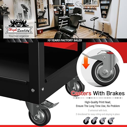 Miniatura 5 de Carrito de utilidad resistente de 3 niveles con ruedas, carrito de herramientas rodante sobre ruedas con un cajón, capacidad de carga de 350 libras,