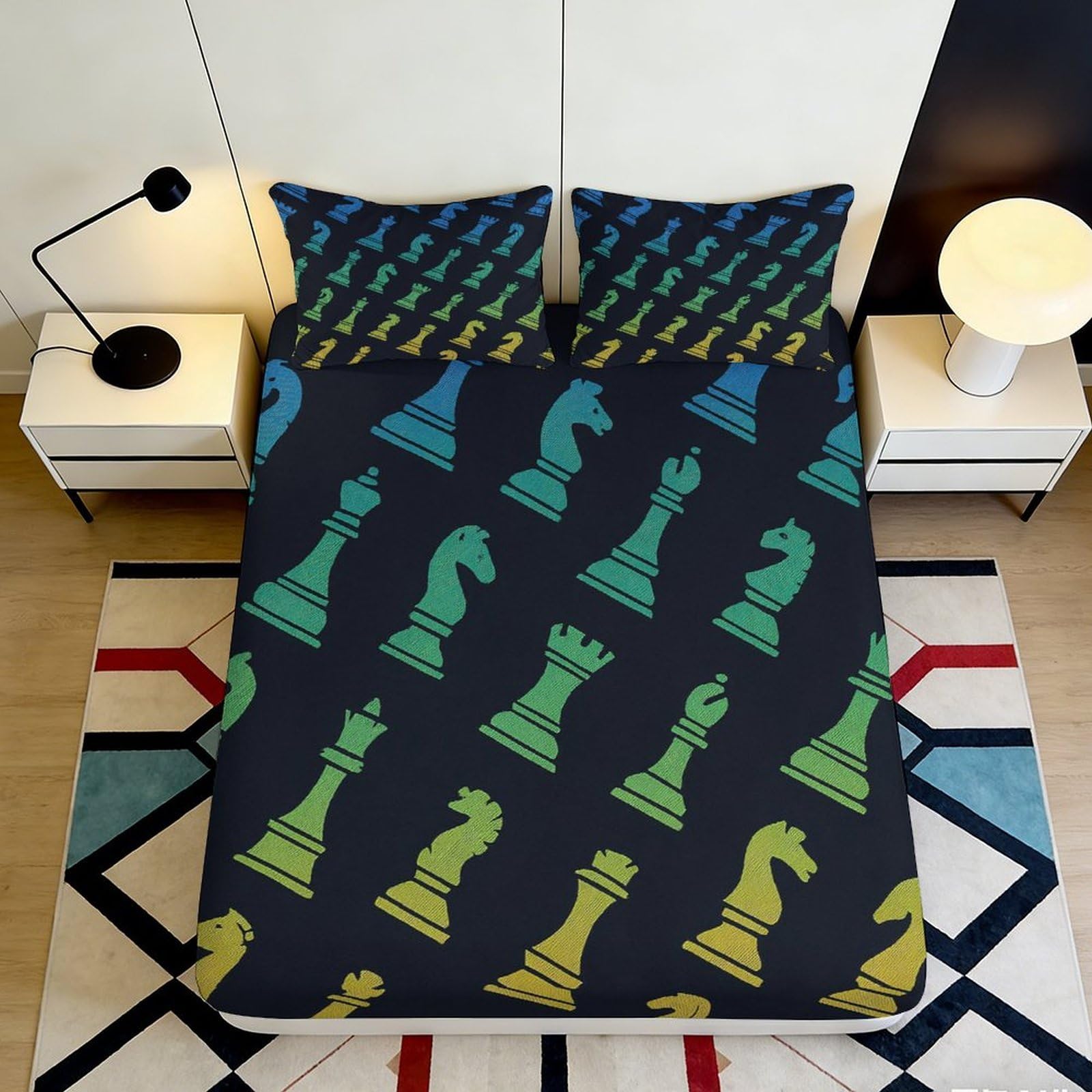 3D Printed Chess Pattern Fitted Sheet Microfiber Deep Pocket Elastic Hem Bedroom Bedding Chess Mattress Fitted Cover 140x200x25cm