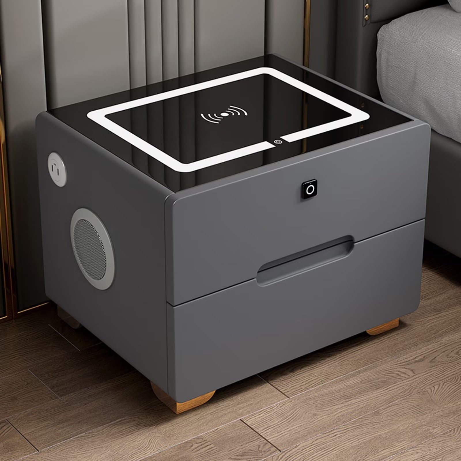 Inteligentna szafka nocna z bezprzewodowym ładowaniem Blokada linii papilarnych Głośnik Bluetooth i miejsce do przechowywania mebli do sypialni i salonu - nowoczesny i funkcjonalny design