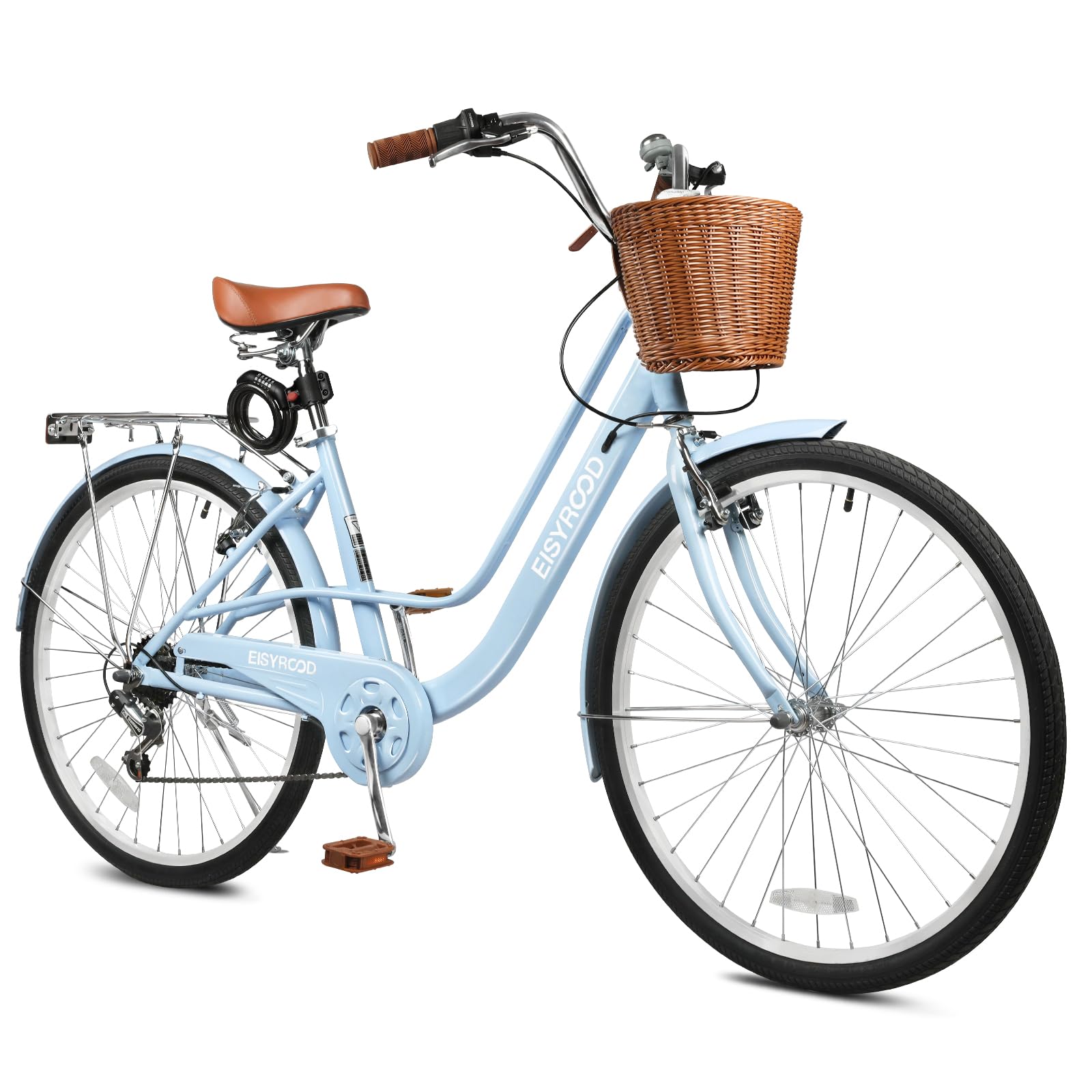 26 Inch Beach Cruiser Bike for Ladies, 7-Speed Women Bike for Adults with Basket & Rack, City Bicycle for Commuting, Step Through City Bikes for Woman Adults Ladies