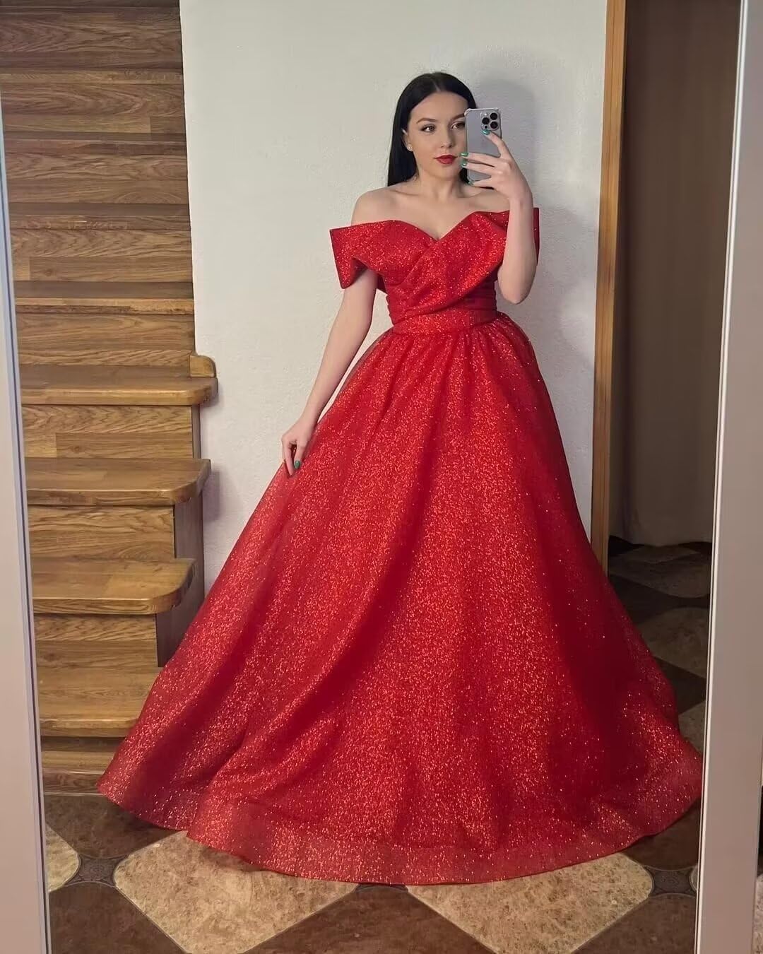 Rlweus Women's Off Shoulder Tulle Prom Dresses A-line Backeless Long Formal Evening Dresses Quinceanera Gowns