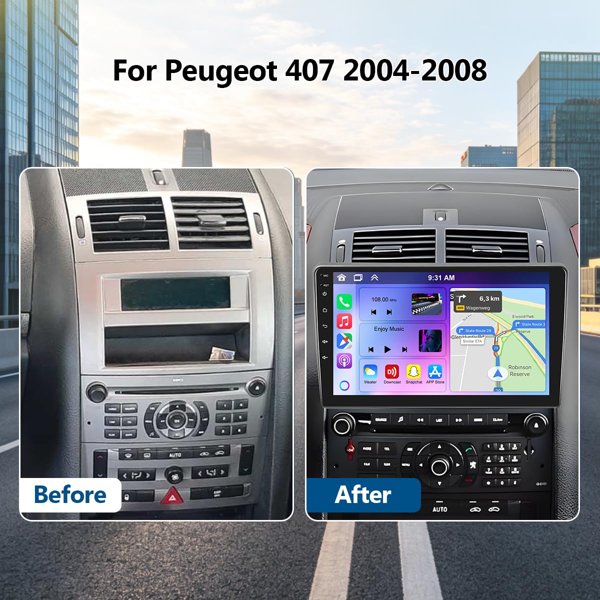 9 Zoll Touchscreen Android 14 Autoradio für Peugeot 407 2004-2008 4+64G | 2 Din Autoradio für Peugeot 407 mit CarPlay Android Auto Bluetooth WiFi GPS Navi FM/RDS Mirror Link SWC AHD Rückfahrkamera
