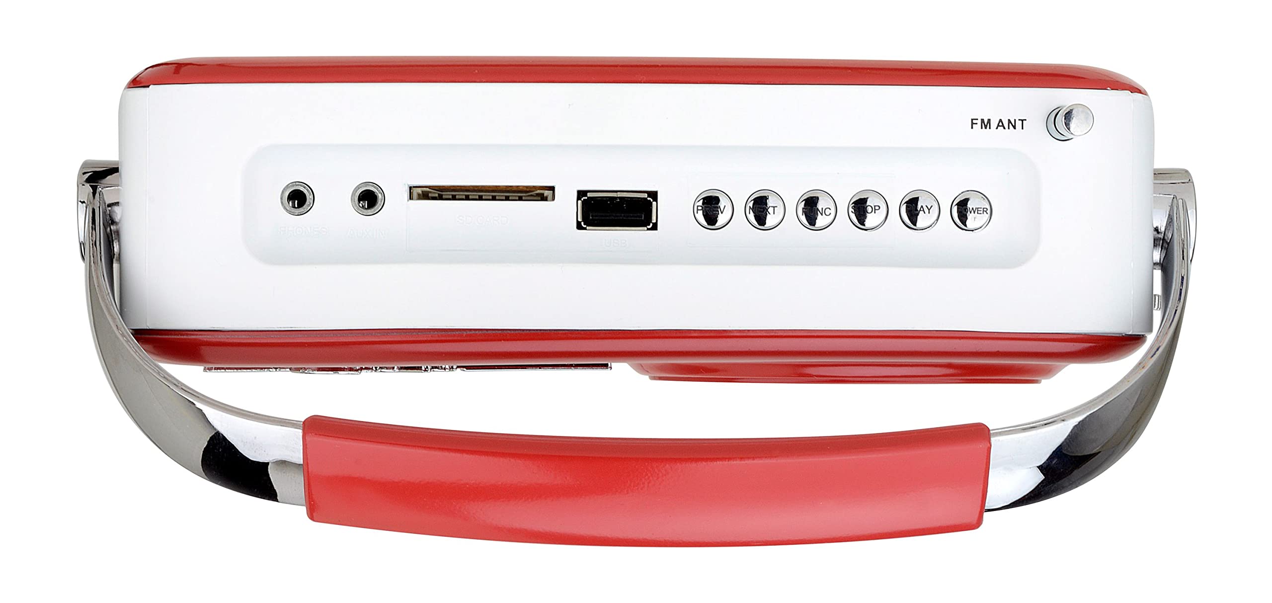 AKAI Radio portátil con diseño retro rojo - FM/AM, AUX, USB, tarjeta SD, MP3, conector para auriculares, antena telescópica
