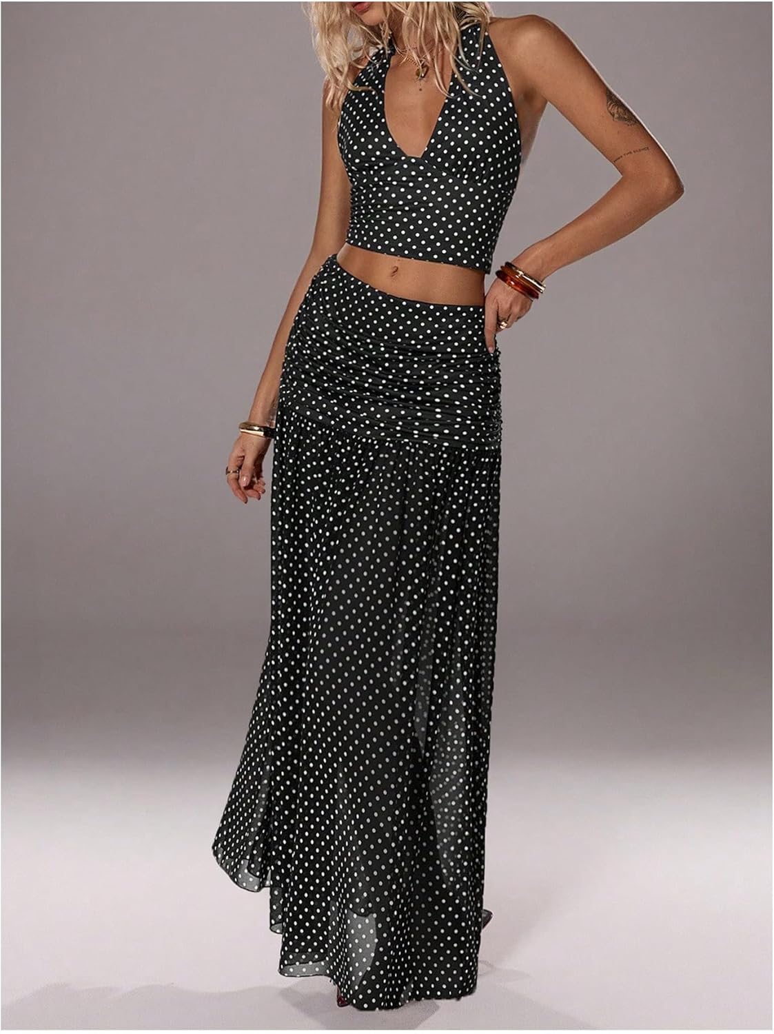 SOLY HUX Women's 2 Piece Skirt Sets Polka Dots Halter Crop Tops and Maxi Skirt Party Going Out Outfits - Image 5