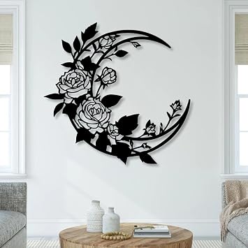 huefoam Moon Metal Wall Decor, Moon Wall Art, Flower Wall Art for Living Room, Bedroom, Bathroom Black, 24"23"/6058cm, metal art wall decor