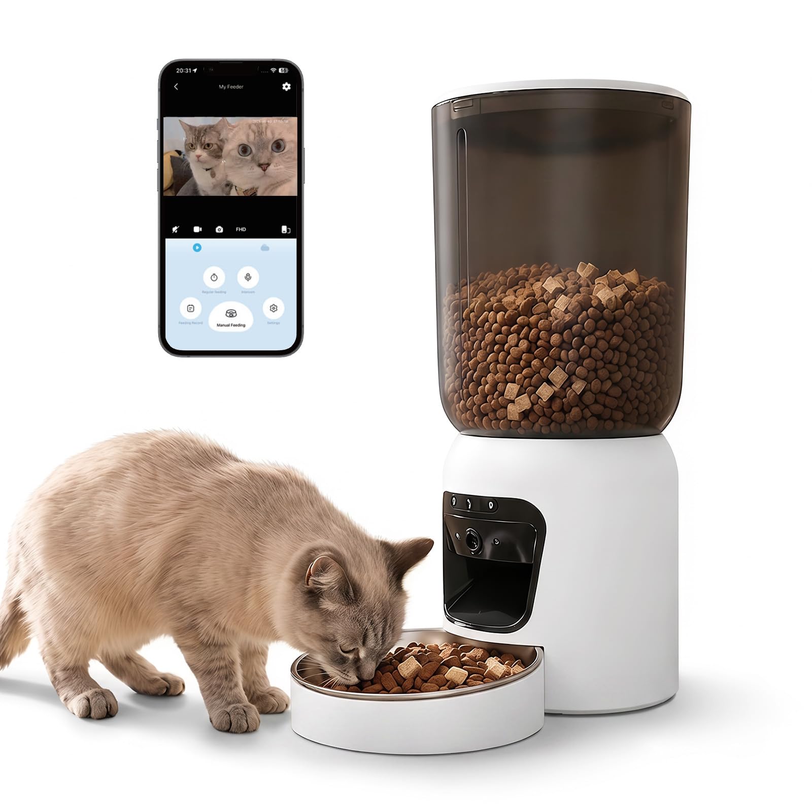 Comedero Gato Automatico con Cámara, 6L Dispensador WiFi 5G/2.4G | Visión Nocturna Color y Movimiento Detección, Comedero Inoxidable, Programación 10 Comidas, Voz Grabación, Batería Repuesto