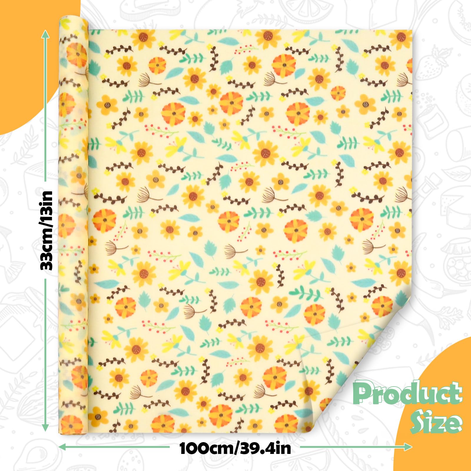 Envolturas de cera de abeja para alimentos, rollo grande de cera de abeja de 39.4 x 13 pulgadas, papel de cera de abeja reutilizable para envolver pan, sándwich, tazón, cubiertas, girasol
