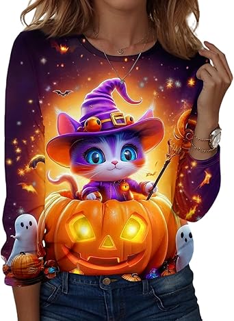 Halloween Shirts for Women Long Sleeve Plus Size Fashion Crewneck Comfortable Tshirts Halloween Costumes for Women