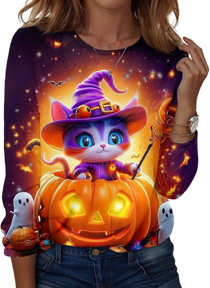 Halloween Shirts for Women Long Sleeve Plus Size Fashion Crewneck Comfortable Tshirts Halloween Costumes for Women