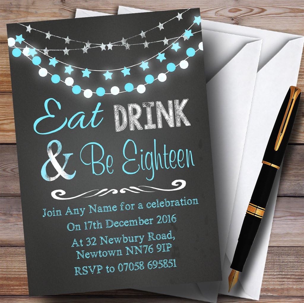Chalk Blue Lights 18th Personalized Birthday Party Invitations