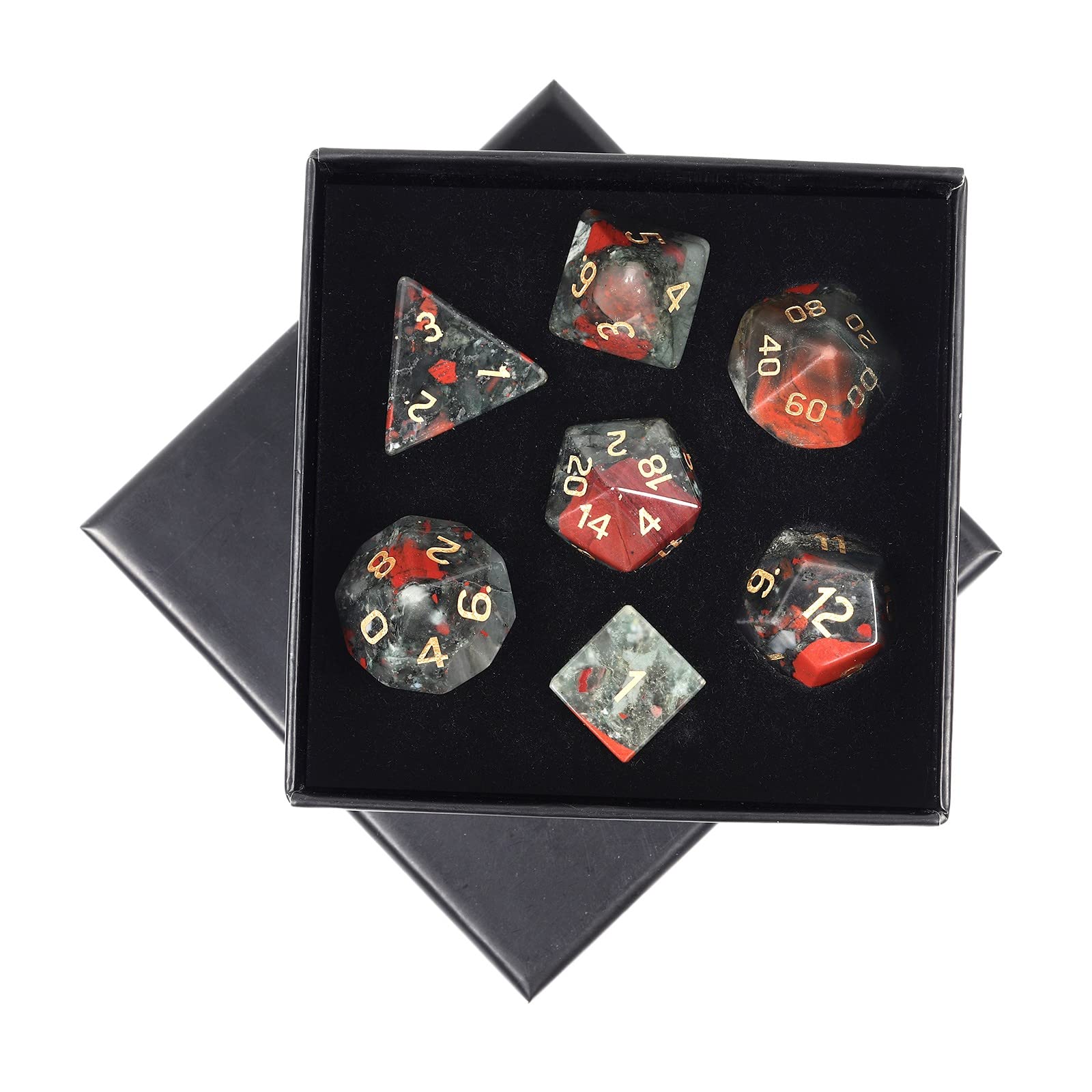 mookaitedecor 7 PCS Africa Bloodstone Crystal Polyhedral DND Dice Set, Polished Tumbled Stones Dices for RPG MTG Table Games Home Decoration