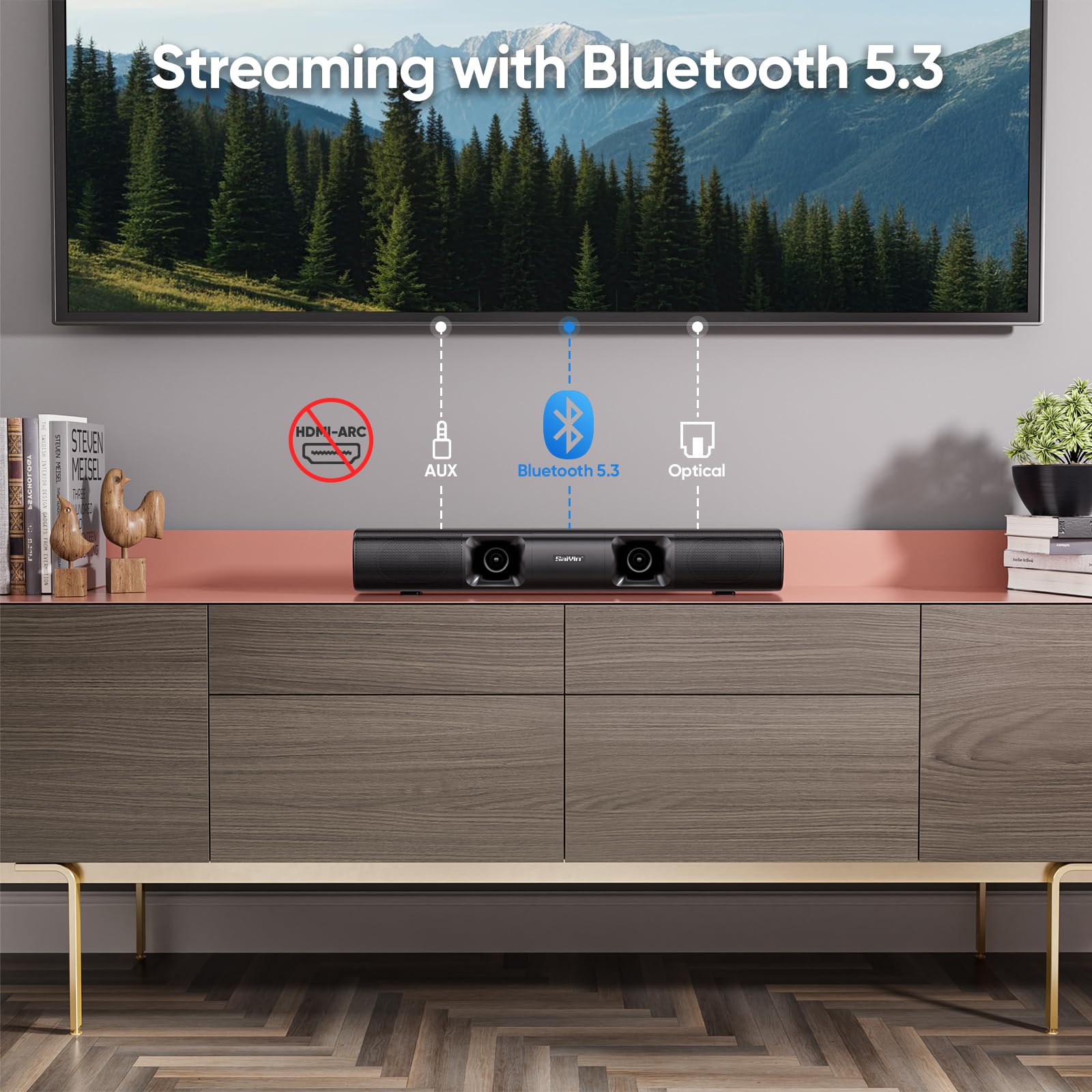 Saiyin Soundbar für Smart TV, 90W Compact Soundbar TV-Lautsprecher mit Subwoofer, 2.1Channel Home Theater Surround Sound System mit knackigen Stimmen und tiefen Bässen für TV PC Projektor