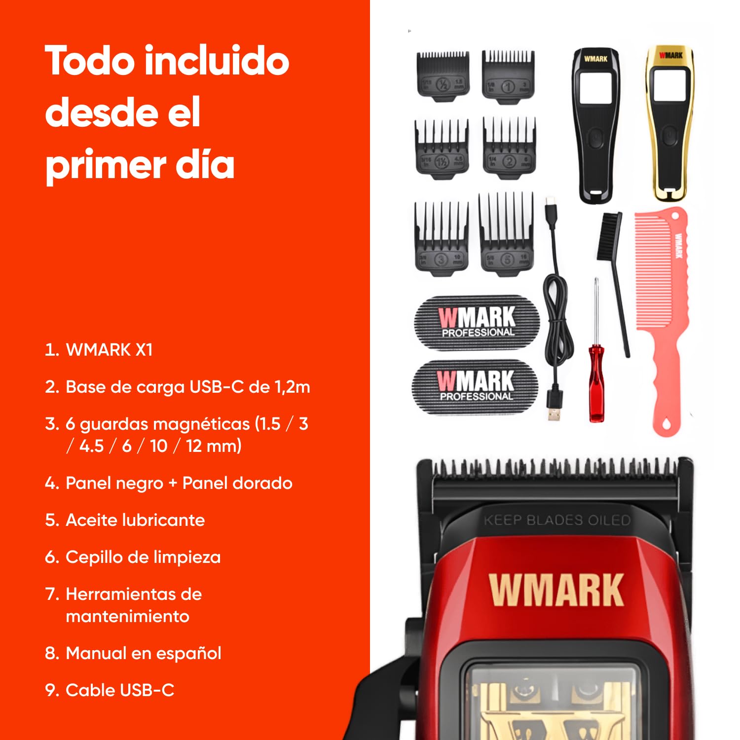 Cortapelos Hombre Profesional WMARK X1 - Maquina Cortar Pelo Motor Maglev 10.000 RPM, Cuchillas DLC Zero-Gap, Batería 150 min, USB-C, 6 Guardas, Hair Clipper