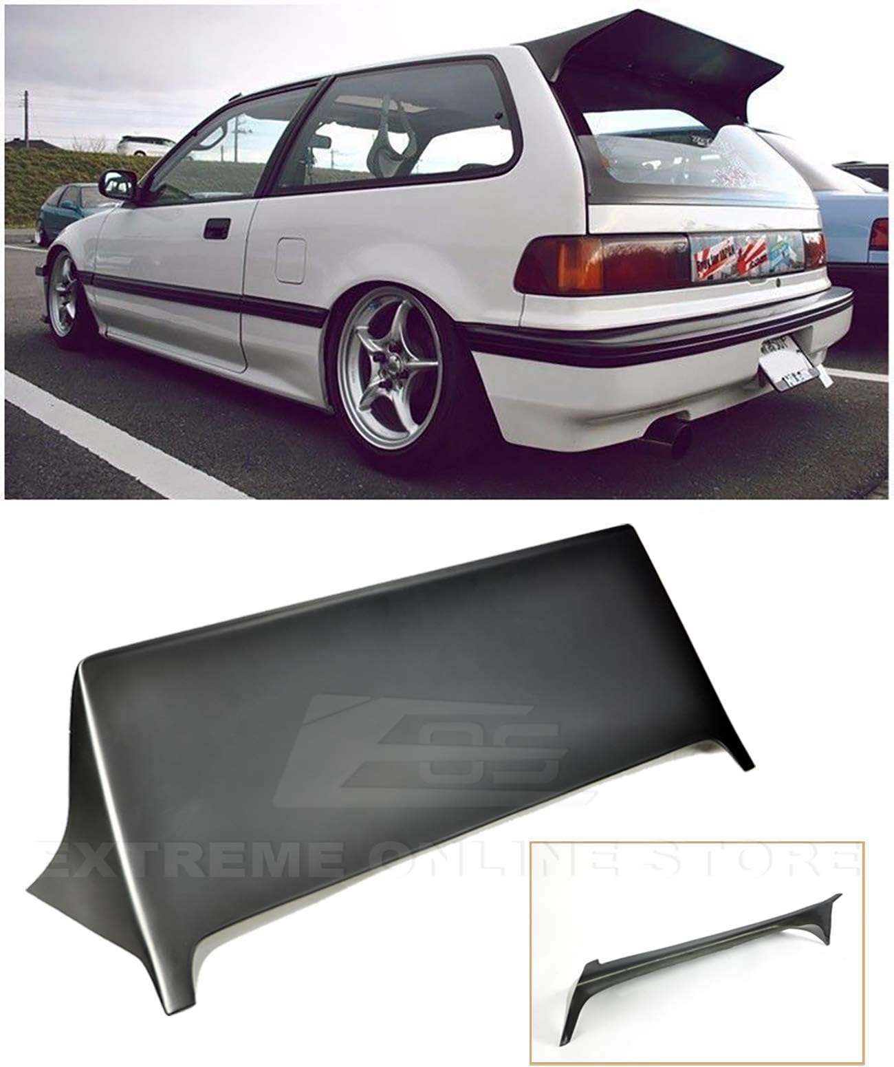 Replacement for 1988-1991 Honda Civic EF9 3Dr Hatchback | J's Racing Style Primer Black Brake Light Deleted Rear Top Roof Lip Wing Spoiler
