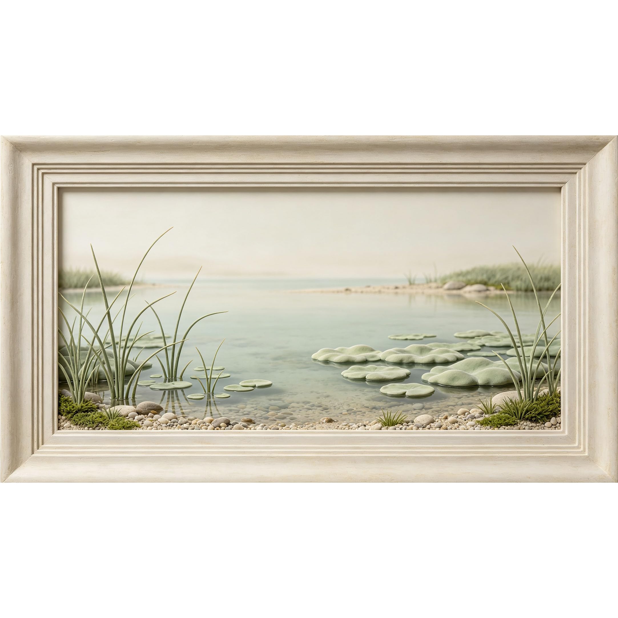 QZLITHOTIC 50x90cm3D Framed Wall Art， Calm Lake Shore Landscape with Water Lilies and Pebbles SelfAdhesive Mural， WaterActivated Peel & Stick Fabric Decor Wall Decal for Bedroom Living Room
