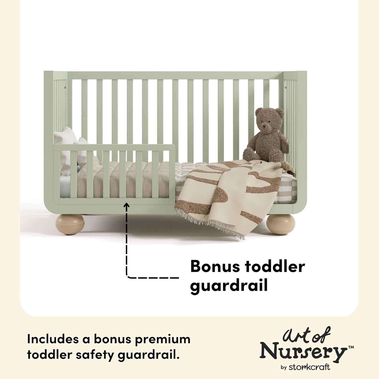 Storkcraft Amalfi 5-in-1 Convertible Crib with Toddler Guardrail (Sage & Driftwood) – GREENGUARD Gold Certified, Toddler Bed Conversion Kit Included, Fits Standard Crib Mattress, Converts to Full Bed - Image 9