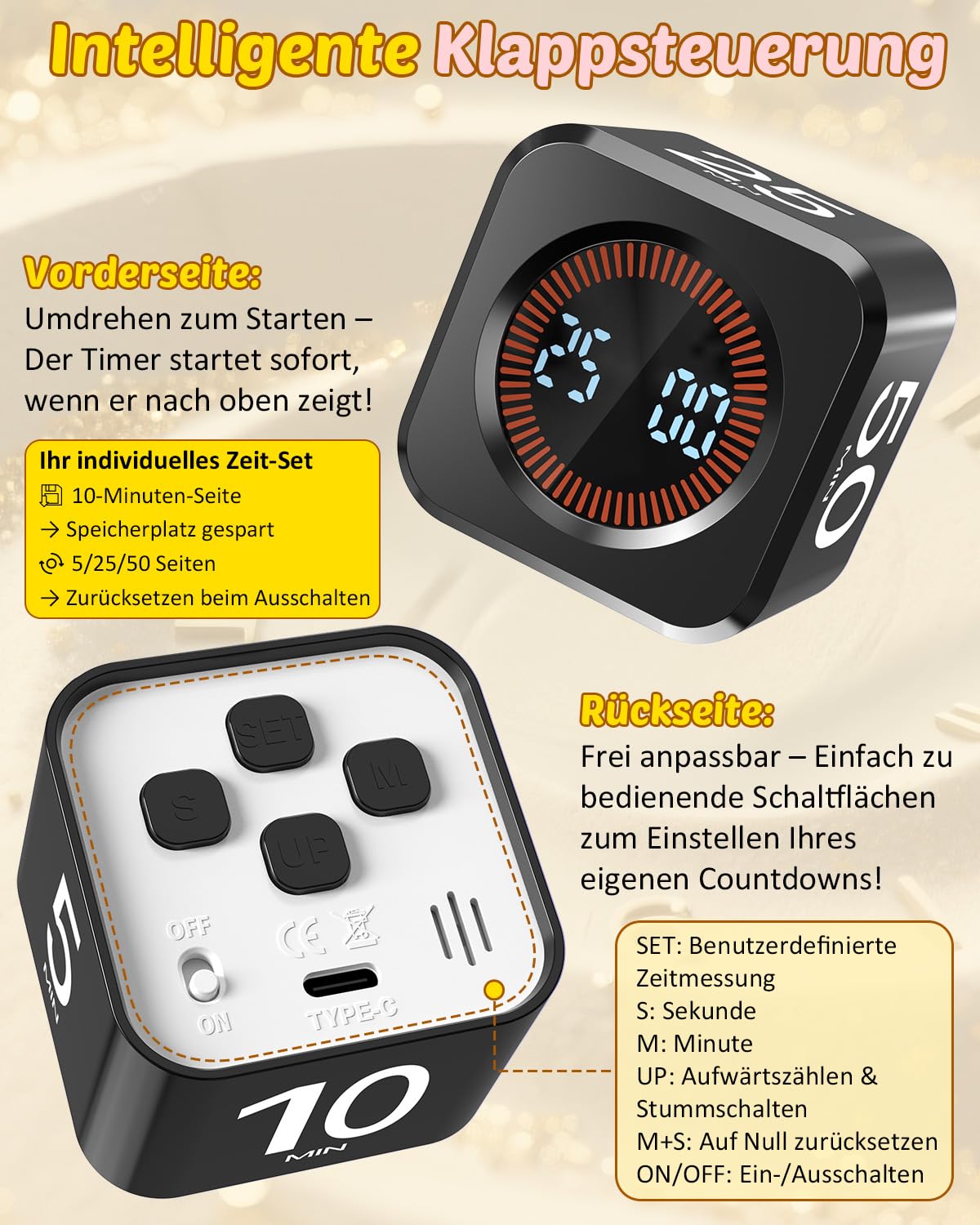 Pomodoro Timer Cube, Visueller Würfel-Timer für Kinder, Digitale LED Drehbarer Timer mit 5/10/25/50 Min & Custom Countdown, Lautlos/Ton Modi, USB-C für Lernen, Arbeit, Küche, ADHS (Schwarz)