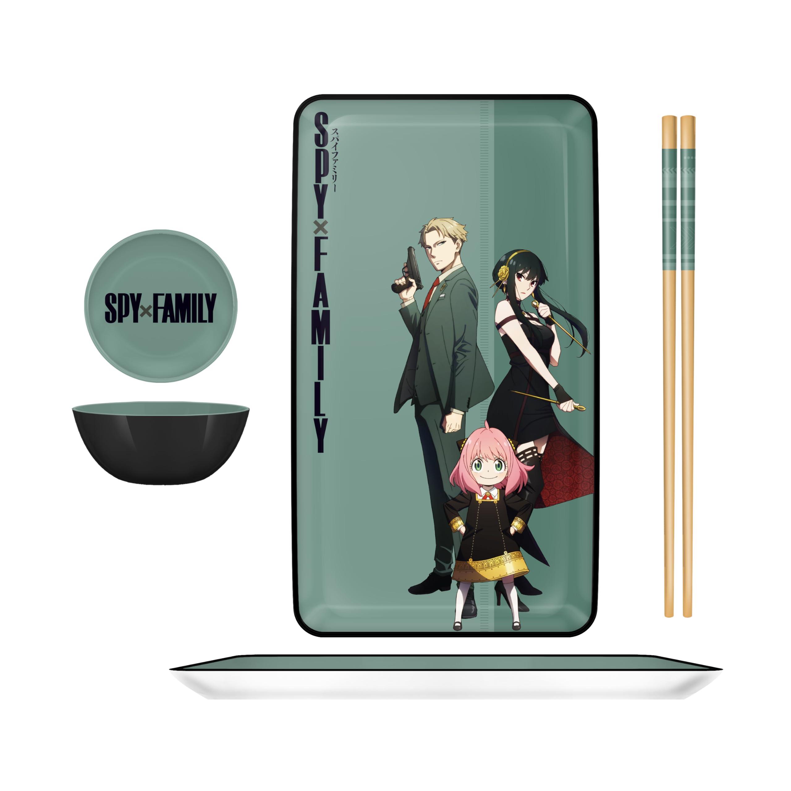 Silver Buffalo Spy X Family Japanese Anime Featuring Anya Forger, Loid (Twilight), and Yor (Thorn Princess) Ceramic Sushi Set with Dipping Sauce Dish and Matching Chopsticks