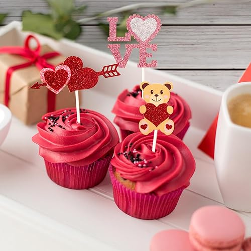 Miniatura 6 de 24 piezas de decoración para cupcakes para el día de San Valentín, con purpurina, corazón, amor, San Valentín, alimentos, suministros de decoración