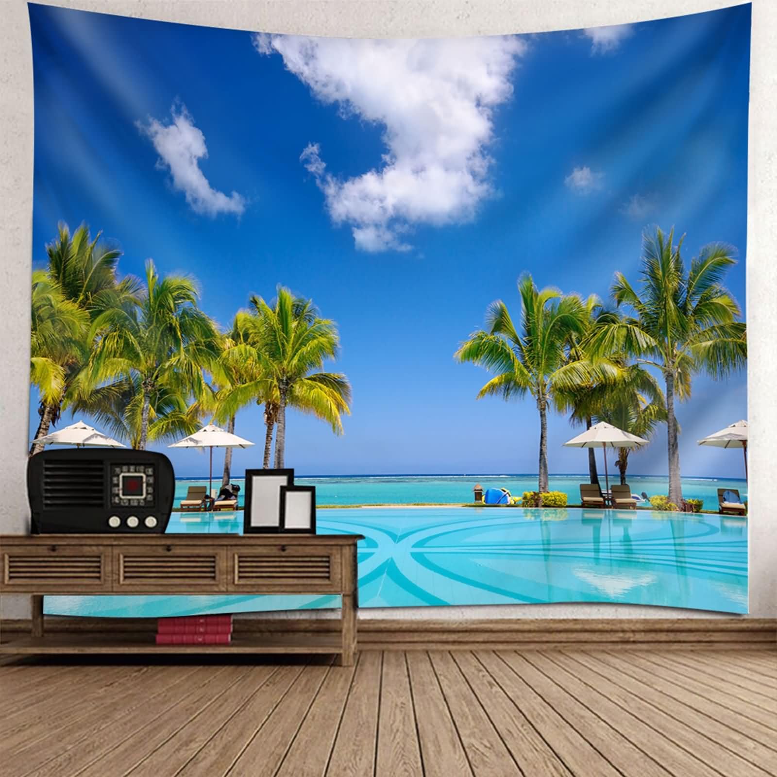 Homxi Tapiz de Sofá 240 W x 220 H CM, Paisaje de Piscina y Silla, Tapices Salon Poliéster, Azul Verde