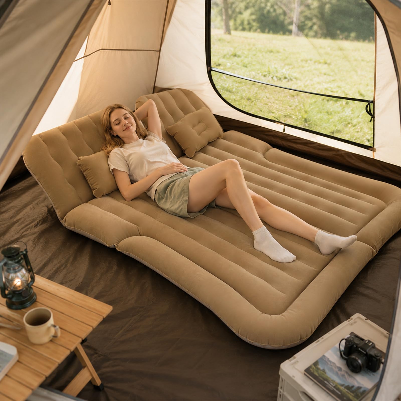 Matelas gonflable pour siège arrière de voiture, amovible, portable, matelas gonflable multifonction avec 2 coussins et pompe à air électrique (beige) pour camping, voyage, extérieur, SUV