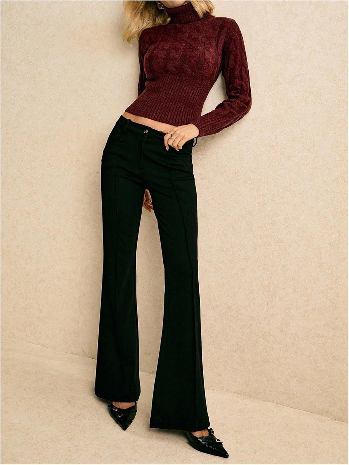 MakeMeChic Women's Cable Knit Sweater Cropped Turtleneck Long Sleeve Fitted Pullover Tops - Image 5