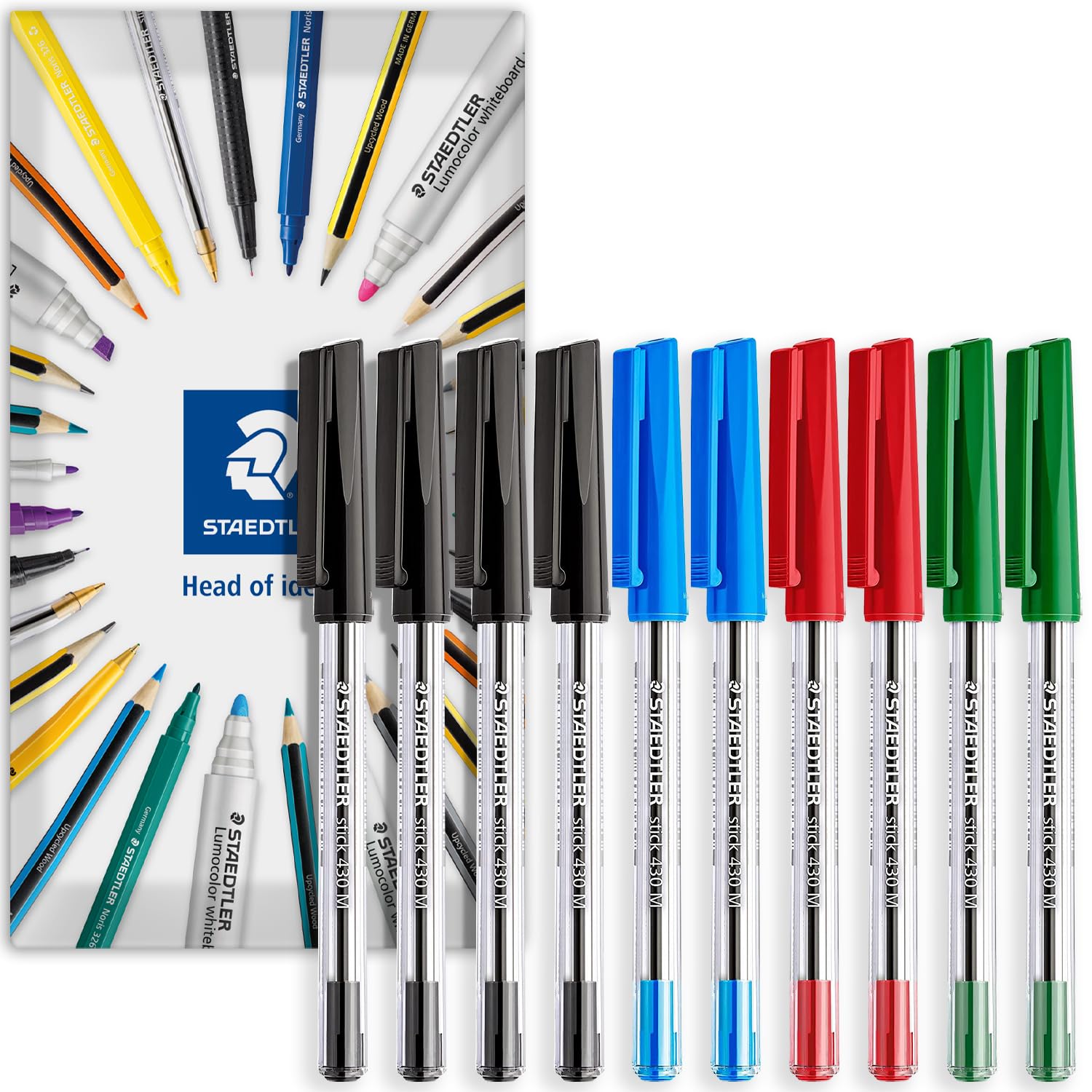 STAEDTLER stick 430M Ballpoint Pen - 0.5mm Medium Point - Pack of 10 in Envelope Packaging - Black, Blue, Red, Green Ink