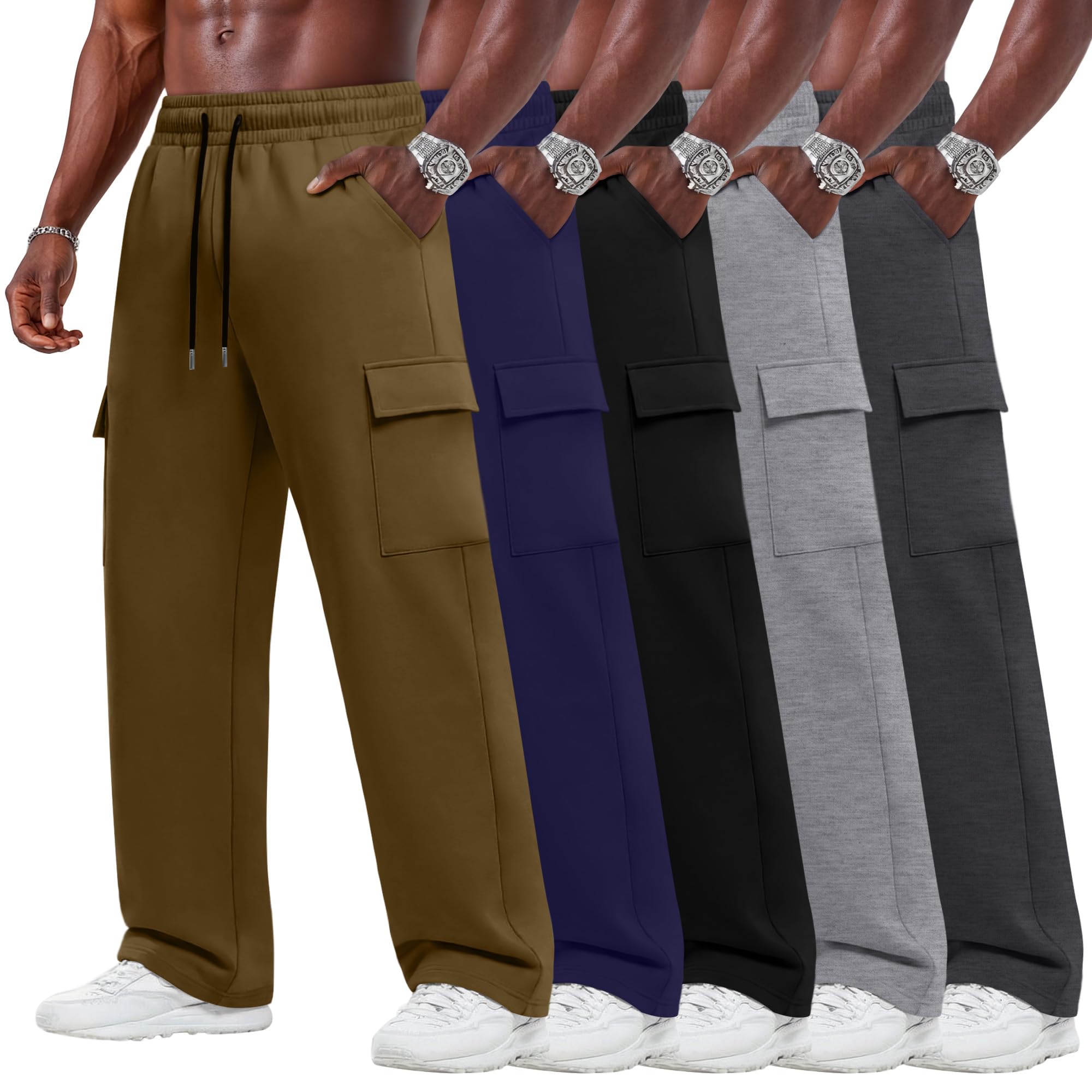 5 Pack Big and Tall Cargo Sweatpants for Men Baggy Wide Straight Leg Open Bottom Drawstring Pants with