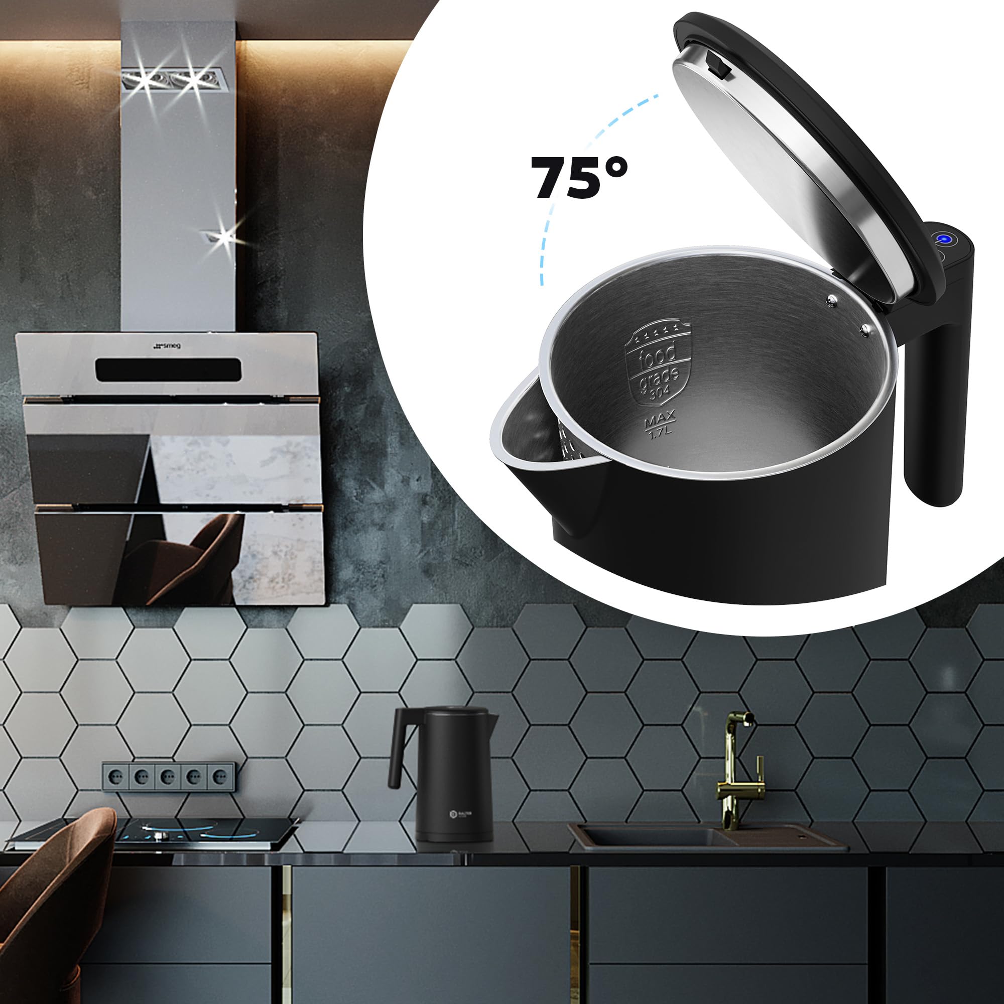 Balter Edelstahl Wasserkocher mit Temperatureinstellung, 40°C-100°C, Doppelwand, BPA frei, 1,7L, Schwarz, WK-5-Touch