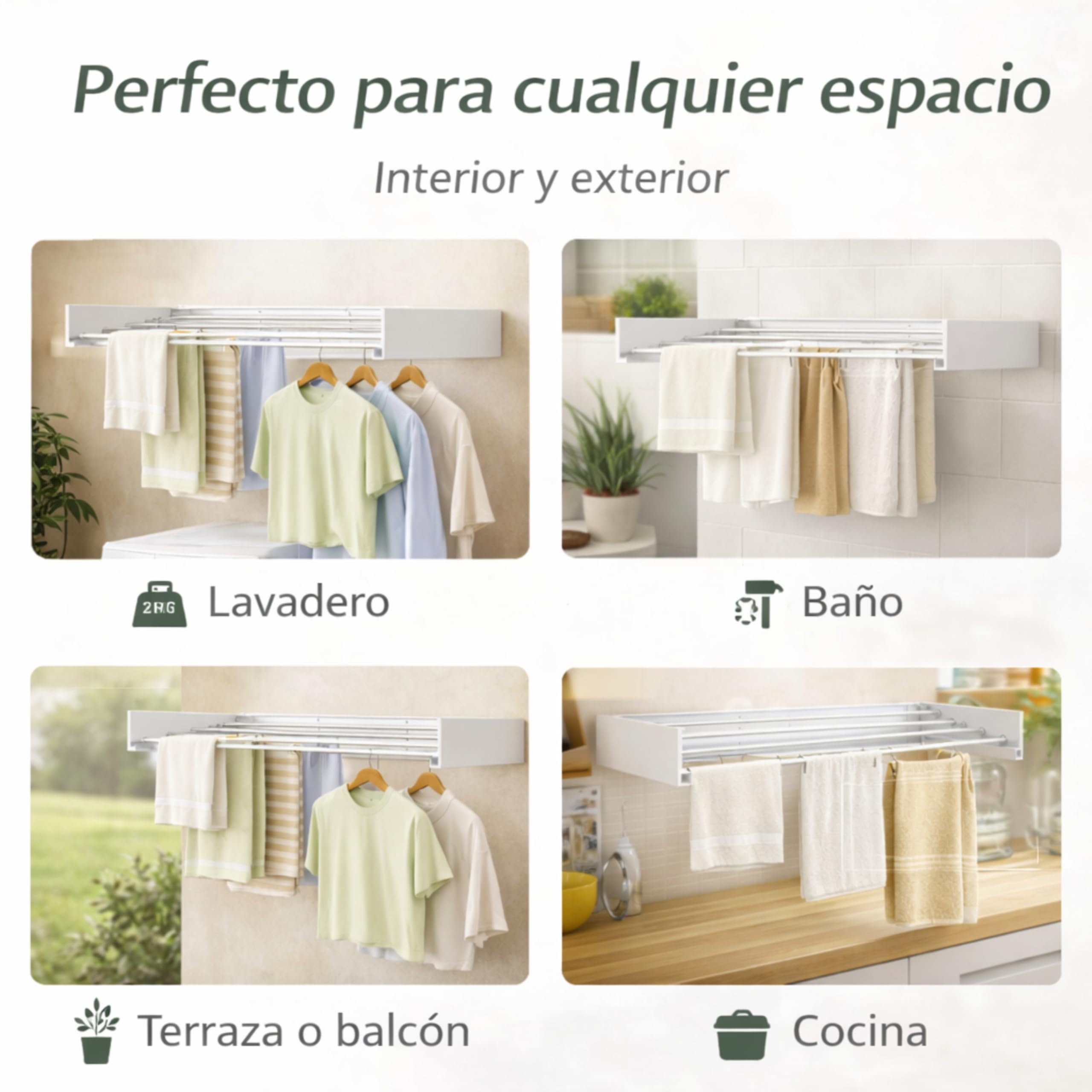 Tendedero Plegable de Pared Blanco 100 cm – Tendedero Extensible de Aluminio para Ropa, Interior y Exterior, Ahorro de Espacio, 6 Barras, Carga máxima 27 kg