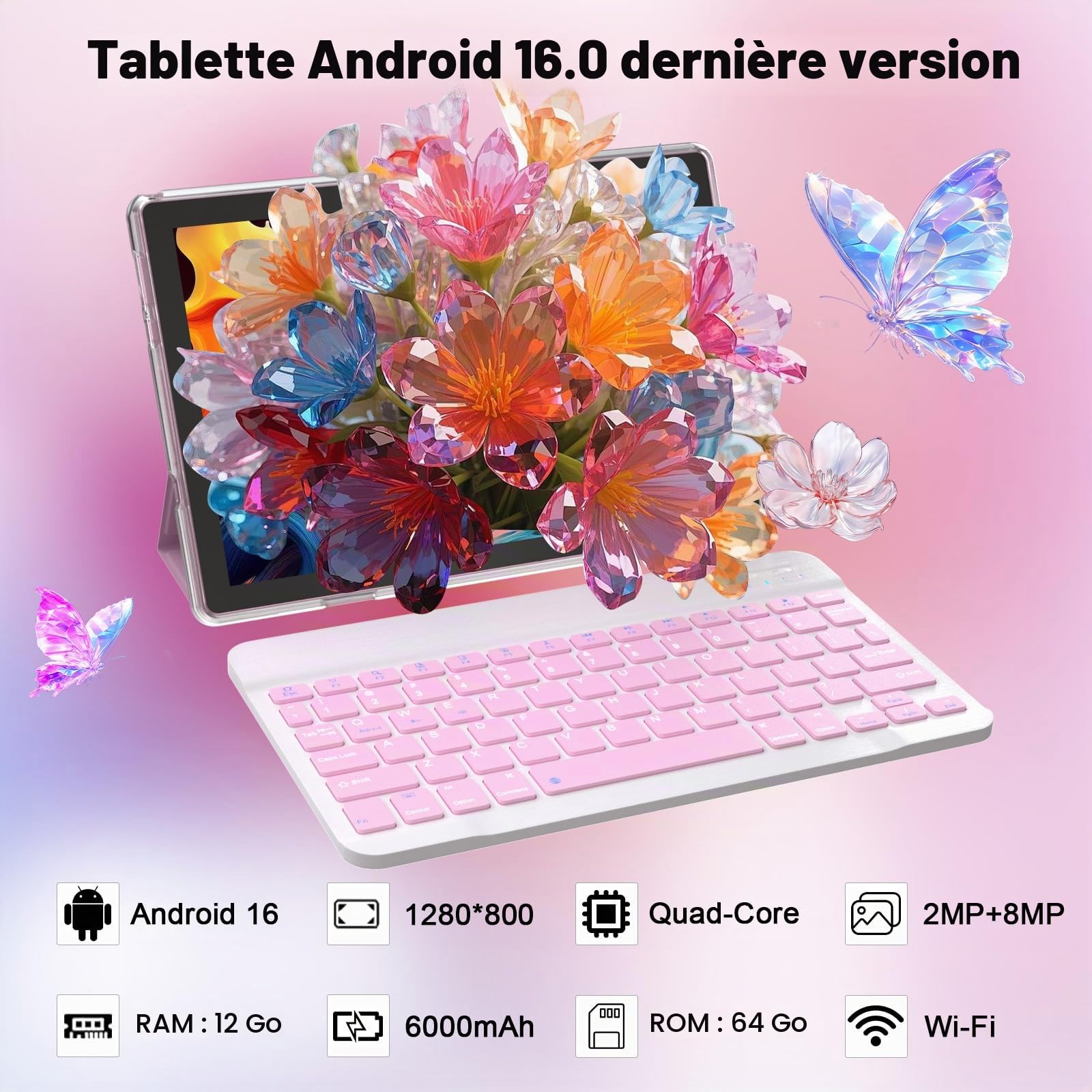 Tablette Android 15 10" 12 Go de RAM + 64 Go de ROM/ 2 To, écran tactile HD 1280 * 800, 5G WiFi6 BT 5.0, tablettes 2 en 1 avec étui clavier, souris, stylet rose