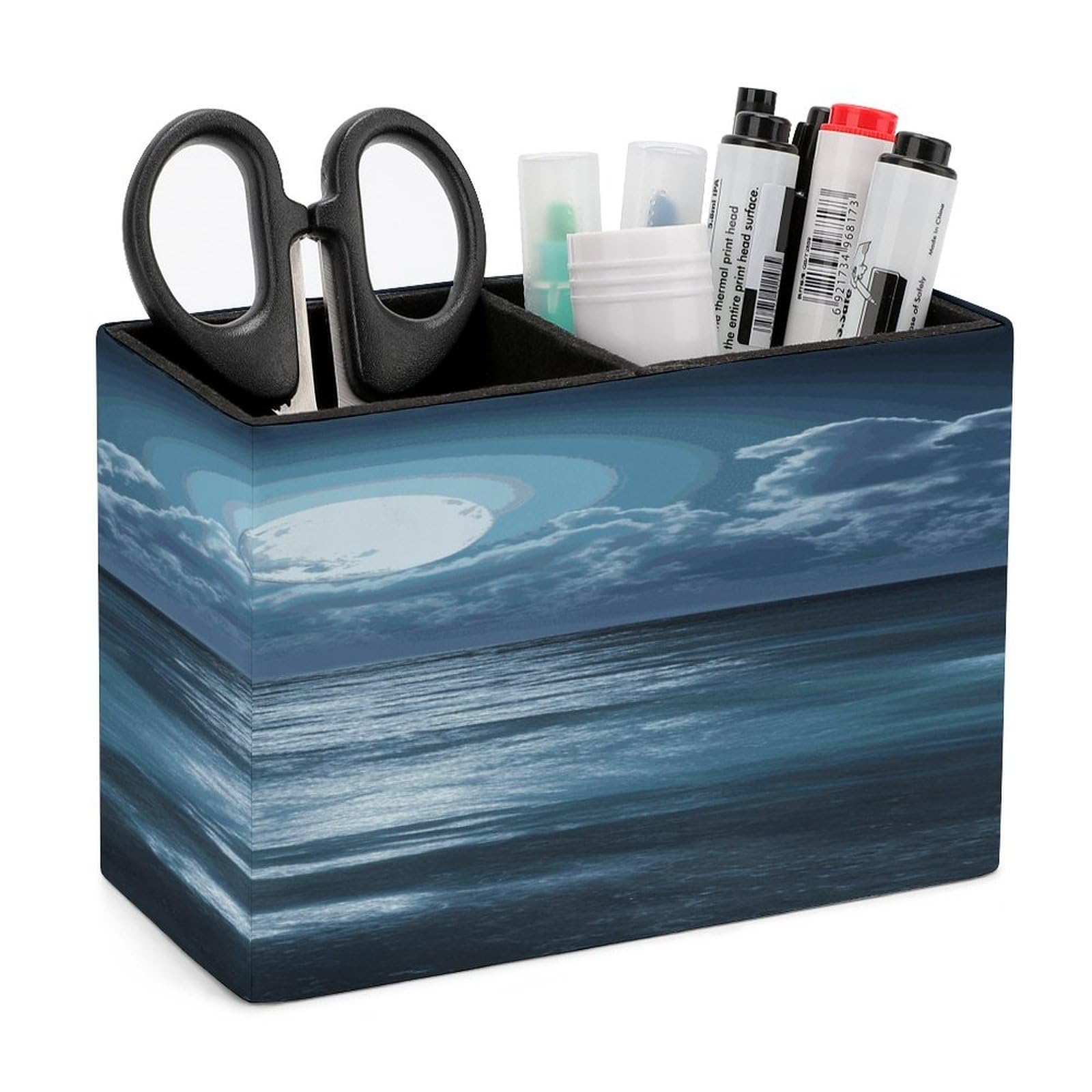 FekiLoot PU Leather Sea And Moon Pen Holder for Desk 2 Compartments Desktop Stationary Organizer Rectangle Table Pencil Cup Stand Desktop Stationery Organizer Case for Office Home