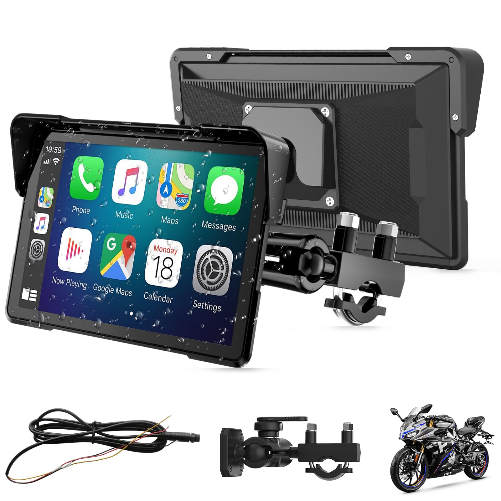 7 Pulgadas Pantalla Carplay de Motocicleta, IPX67 Impermeable, para CarPlay y Android Auto con Bluetooth Dual, Control de Voz, GPS, Detección de Presión de Neumáticos - 1