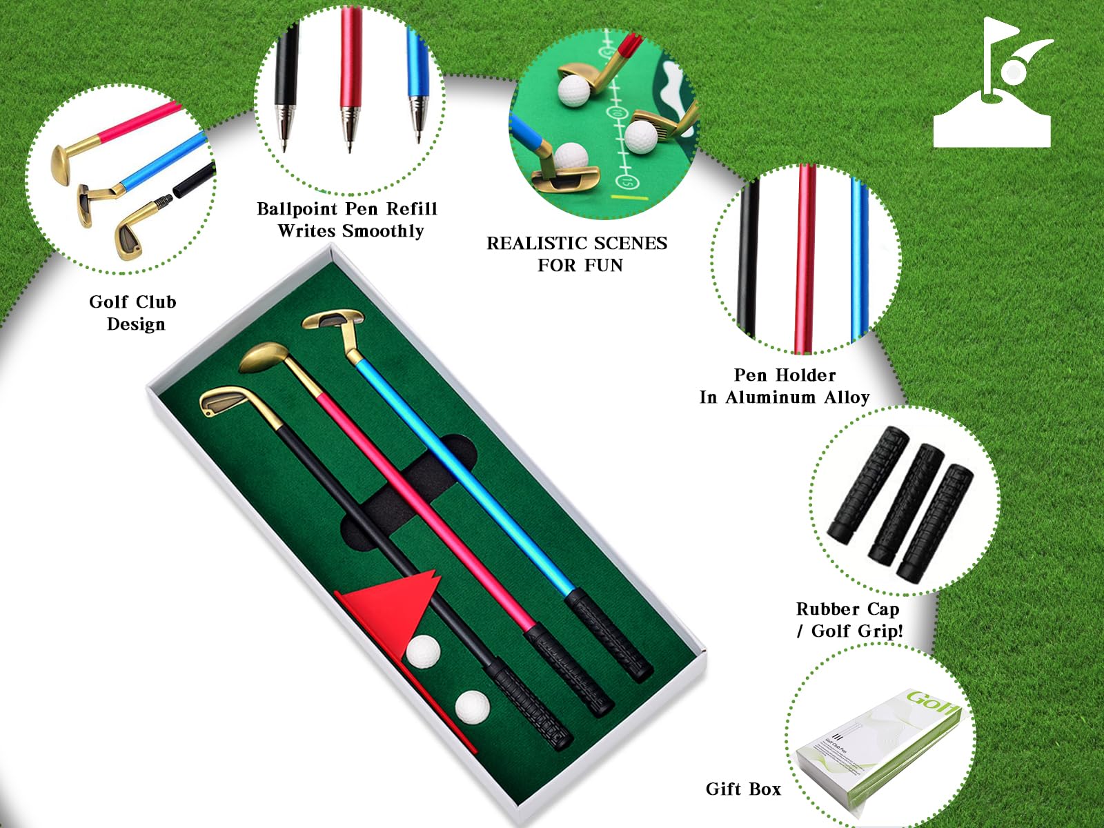 Set di 3 Penne Mazze da Golf in Metallo, Penna a Sfera 3 Colori, Regalo Uomini