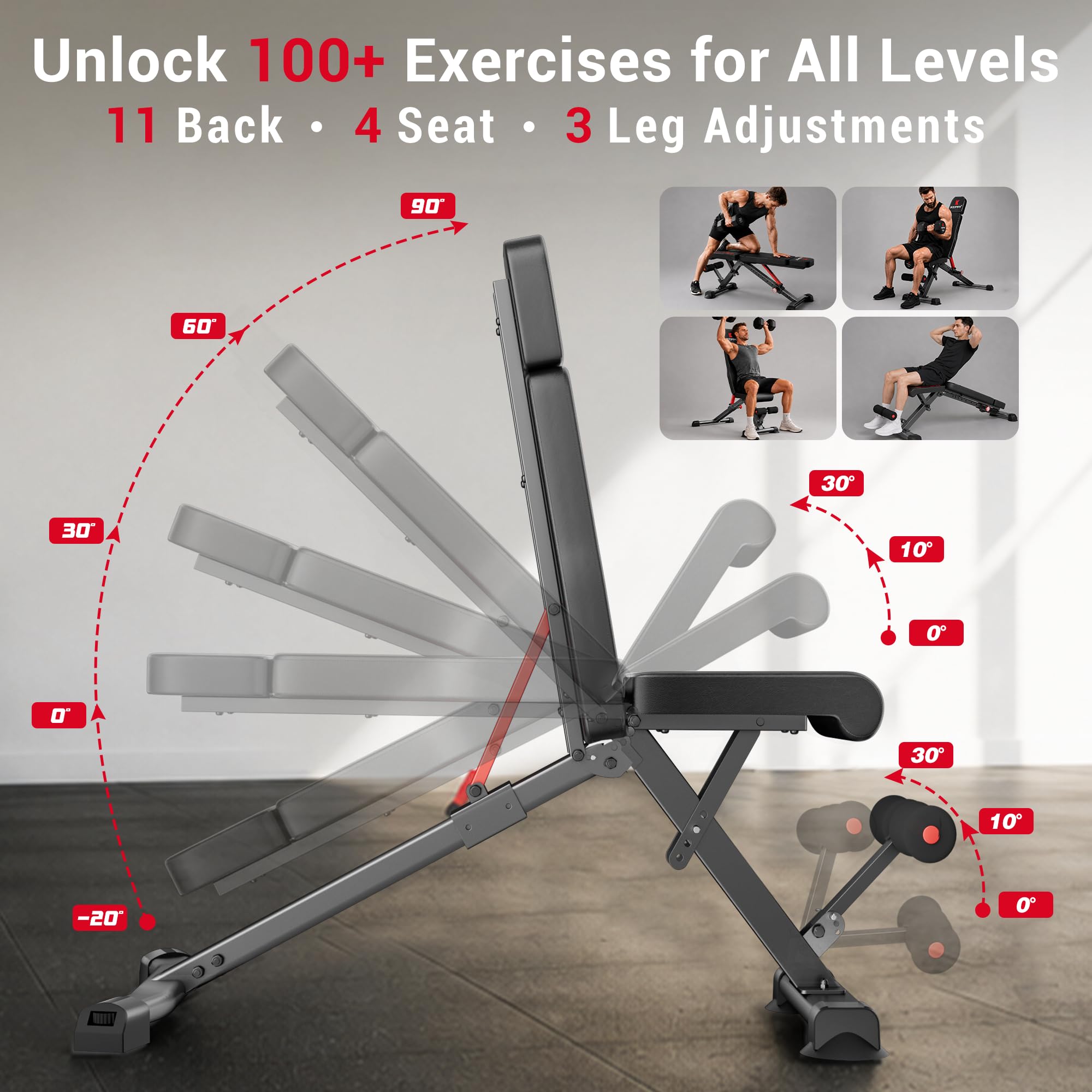 Weight Bench 900Lb, Adjustable Foldable Sturdy Bench for Home Gym | 900LB Flat capacity,11 back adjustments,fast-fold,30lb portable, PU leather, bands included,home gym & apartment