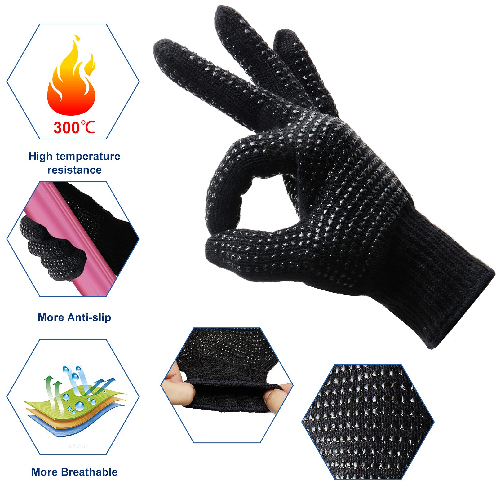 Guantes de calor para peinar el cabello, 2 guantes resistentes al calor con golpes de silicona, guantes profesionales a prueba de calor, bloqueo de calor para rizar, varita plana, herramientas de 4